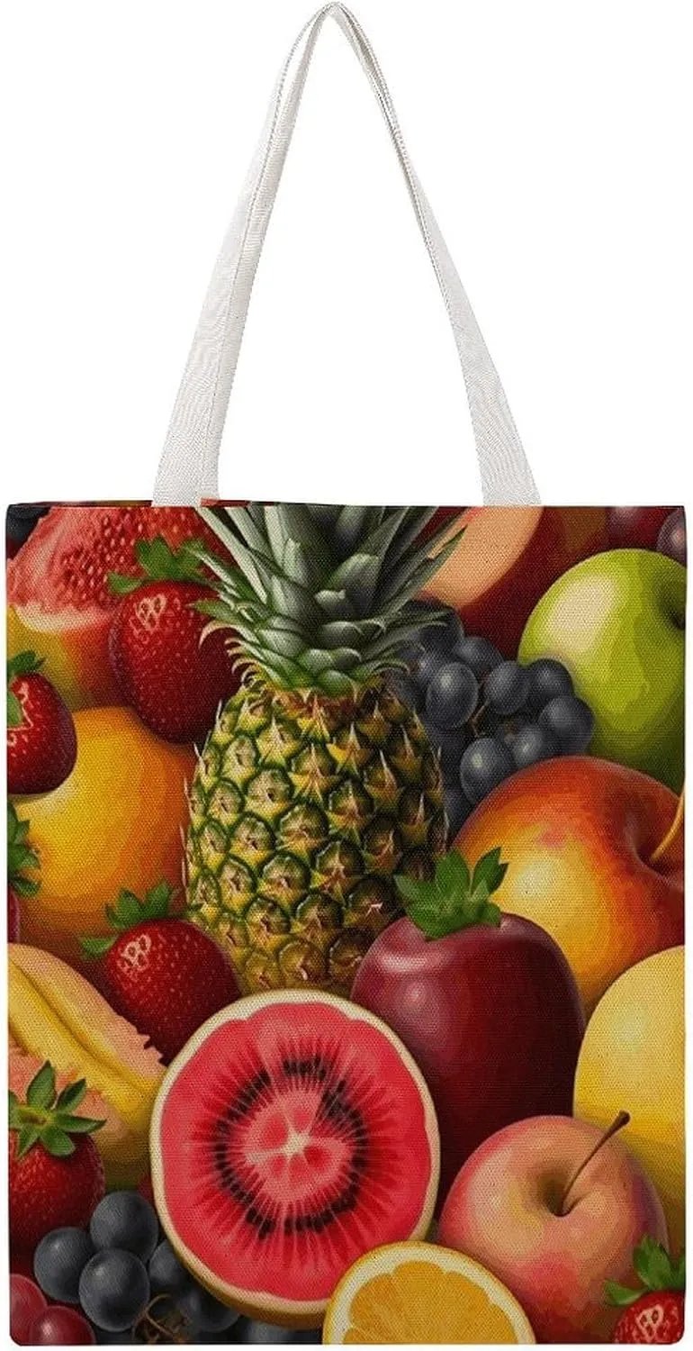 Lightweight Reusable Grocery Shopping Cloth Bag,Fresh Juicy Fruits Print Canvas Tote Bag,shoulder Bag,Double-sided Pattern