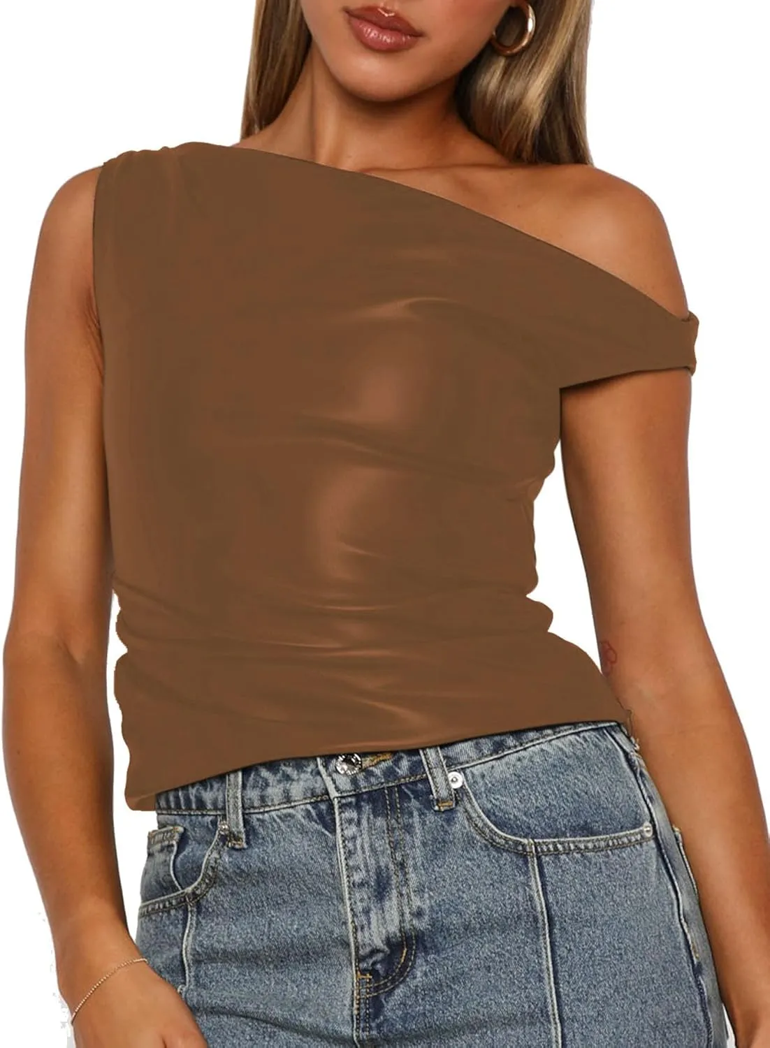 Limerose Womens Off Shoulder Top Sleeveless Shirts Faux Leather Slim Fitted Tank Top