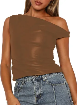 Limerose Womens Off Shoulder Top Sleeveless Shirts Faux Leather Slim Fitted Tank Top