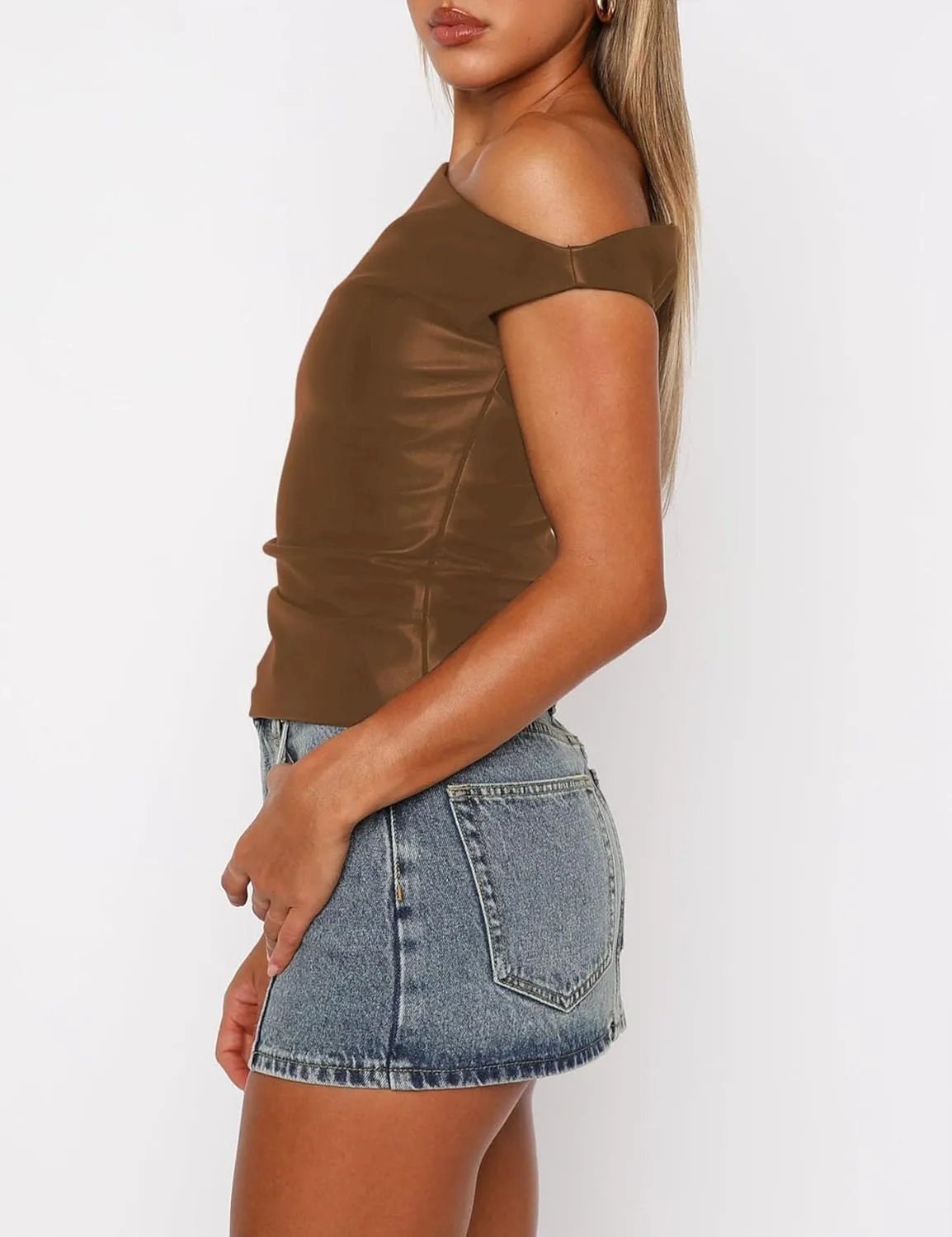 Limerose Womens Off Shoulder Top Sleeveless Shirts Faux Leather Slim Fitted Tank Top