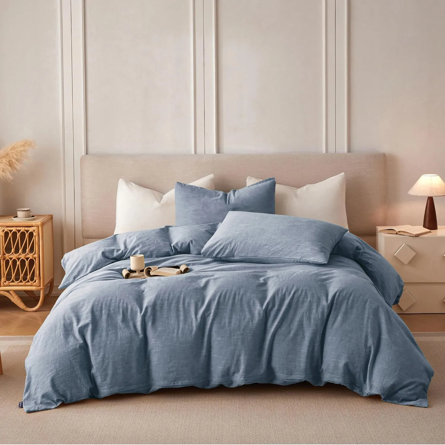 Linen Duvet Cover California King - Soft Breathable Cotton Linen Blend, 3-Pieces Bedding Set with 2 Pillowcases, Stonewashed Texture, Denim Blue, All-Season Comfort
