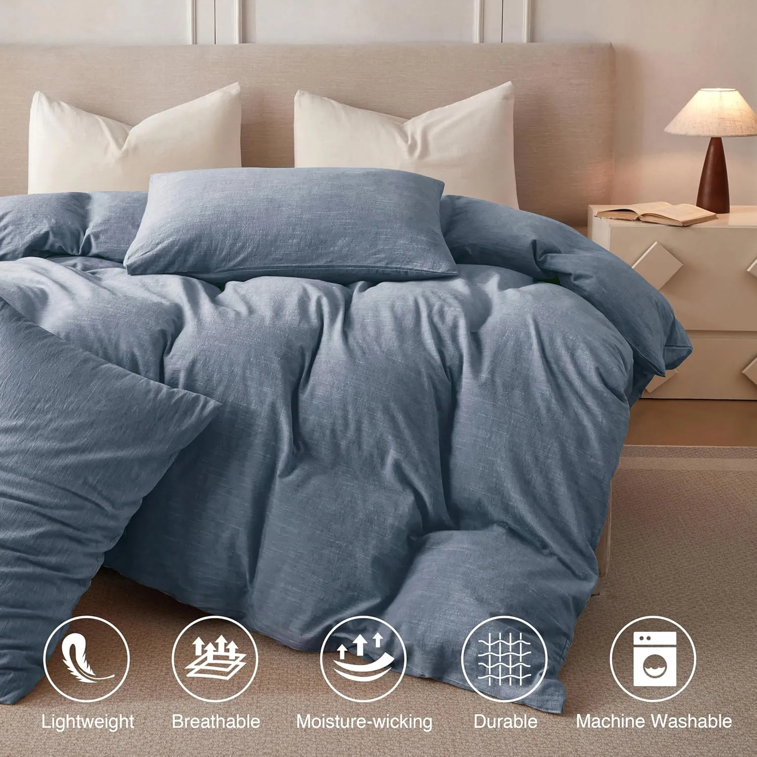 Linen Duvet Cover California King - Soft Breathable Cotton Linen Blend, 3-Pieces Bedding Set with 2 Pillowcases, Stonewashed Texture, Denim Blue, All-Season Comfort