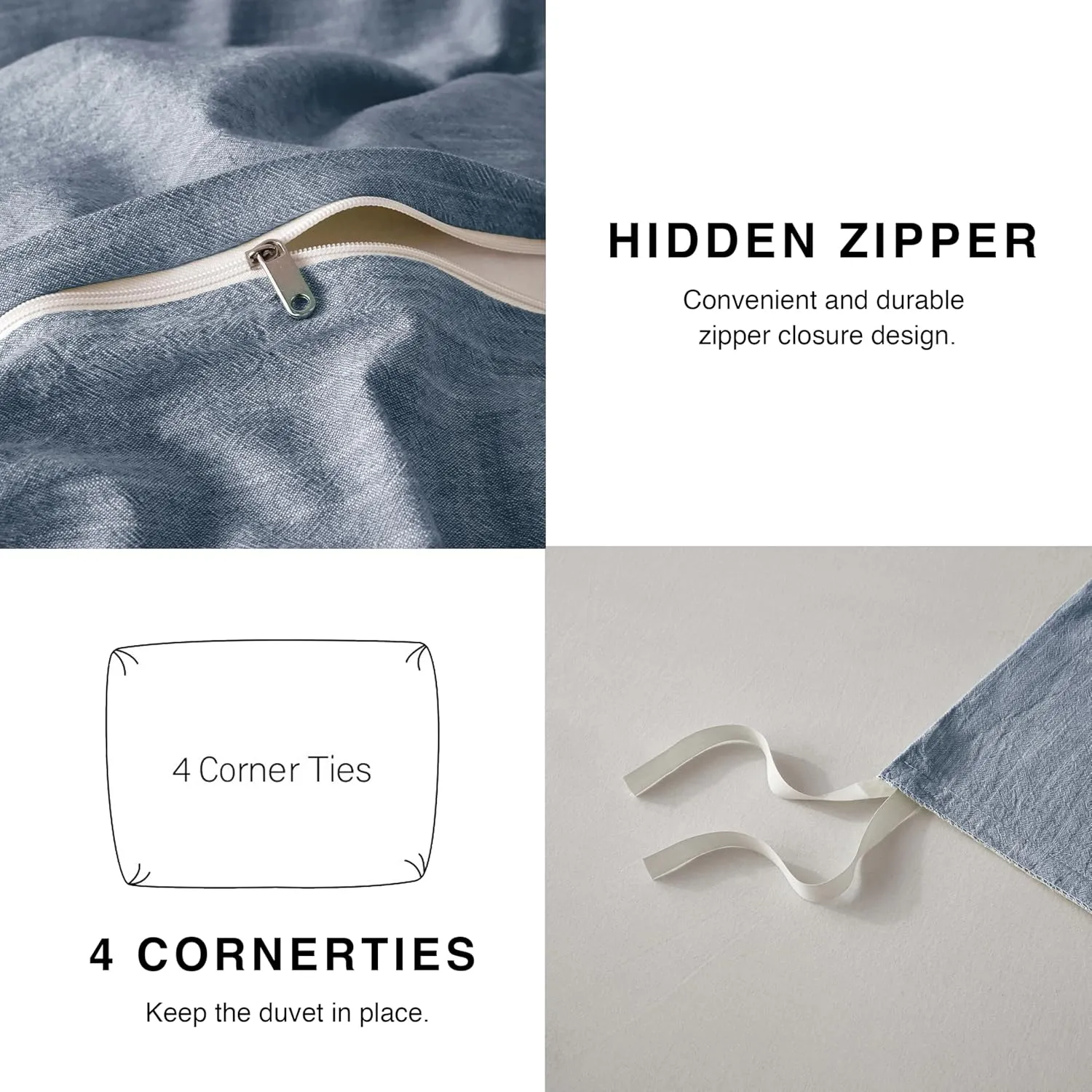 Linen Duvet Cover California King - Soft Breathable Cotton Linen Blend, 3-Pieces Bedding Set with 2 Pillowcases, Stonewashed Texture, Denim Blue, All-Season Comfort