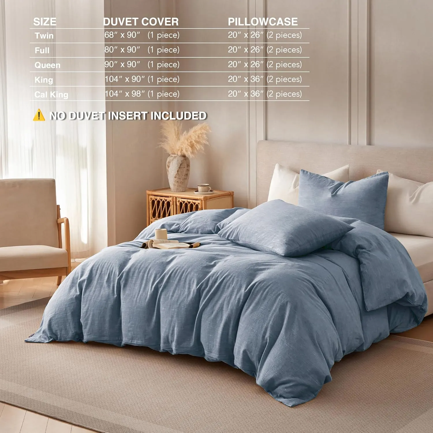 Linen Duvet Cover California King - Soft Breathable Cotton Linen Blend, 3-Pieces Bedding Set with 2 Pillowcases, Stonewashed Texture, Denim Blue, All-Season Comfort