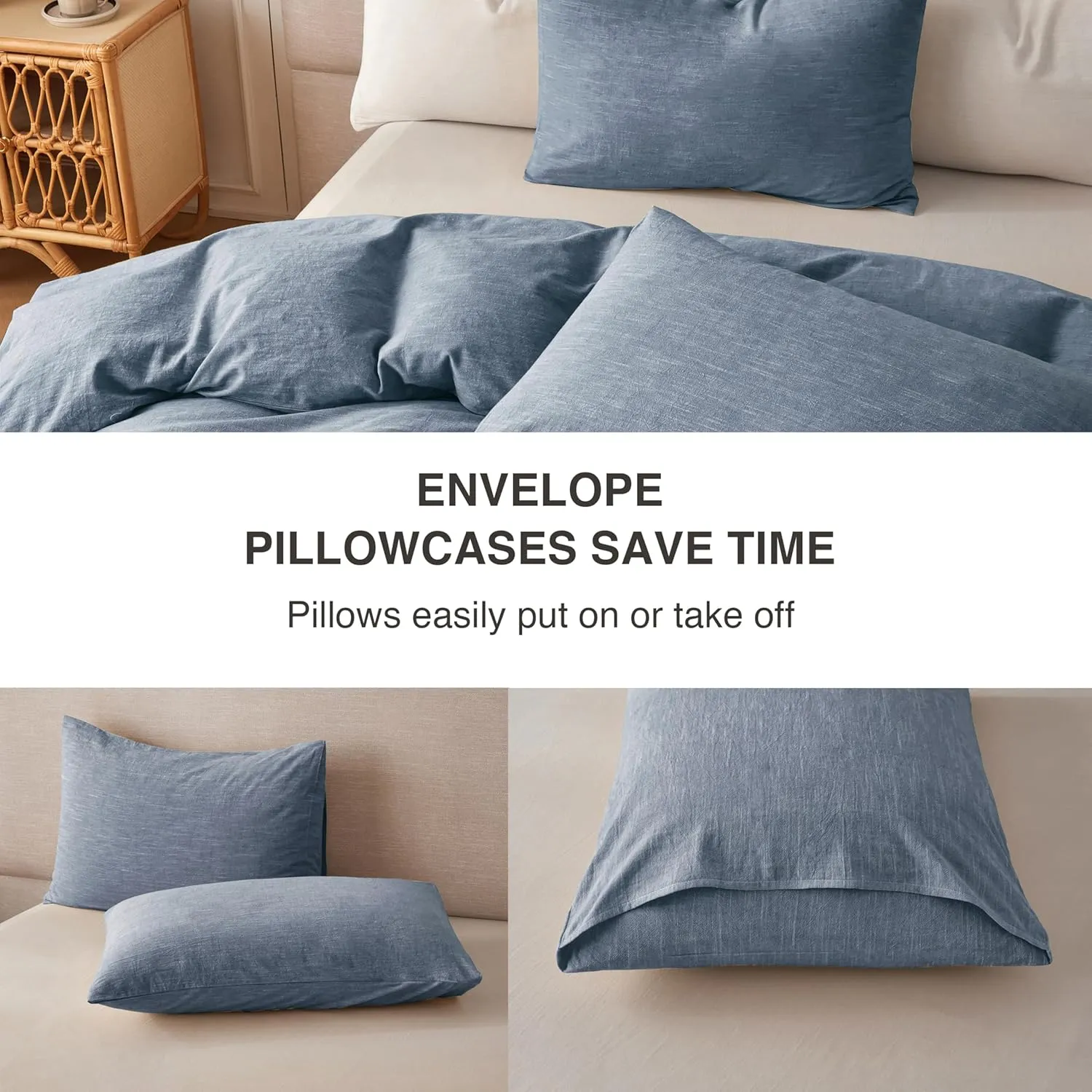 Linen Duvet Cover California King - Soft Breathable Cotton Linen Blend, 3-Pieces Bedding Set with 2 Pillowcases, Stonewashed Texture, Denim Blue, All-Season Comfort