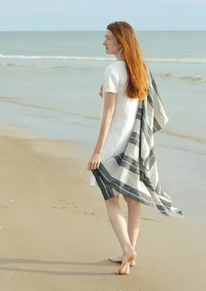 Linen Huckaback Beach Towel Natural Gray Striped