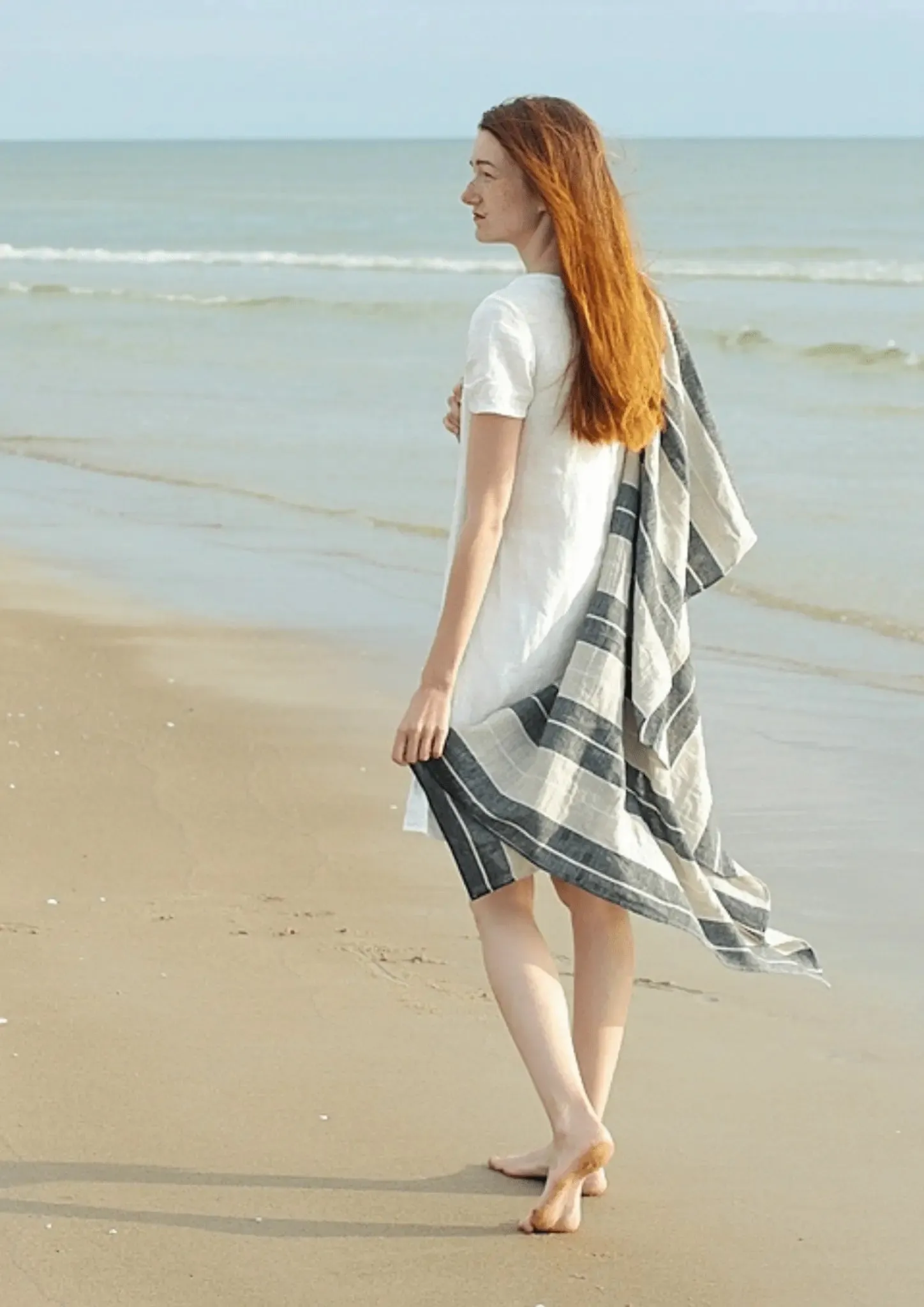 Linen Huckaback Beach Towel Natural Gray Striped