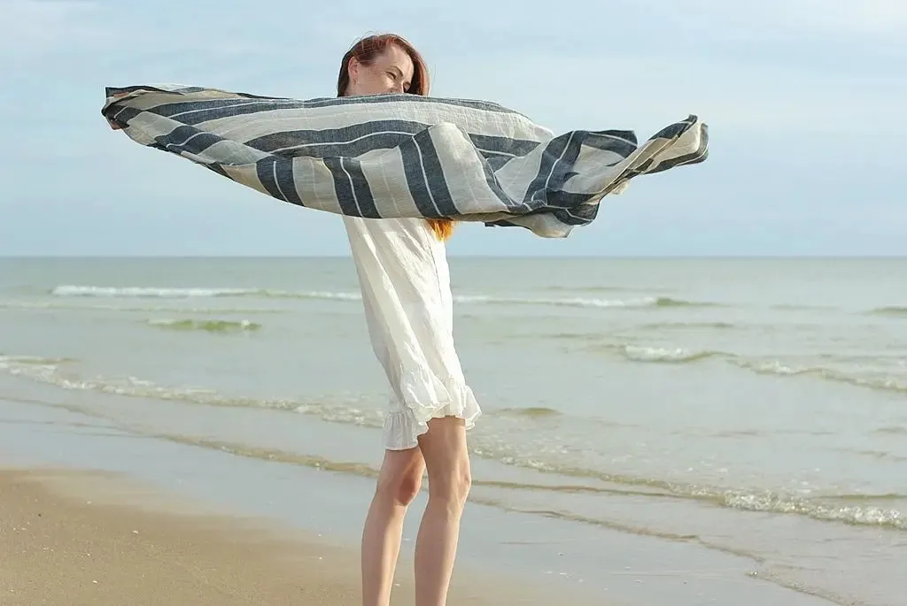 Linen Huckaback Beach Towel Natural Gray Striped