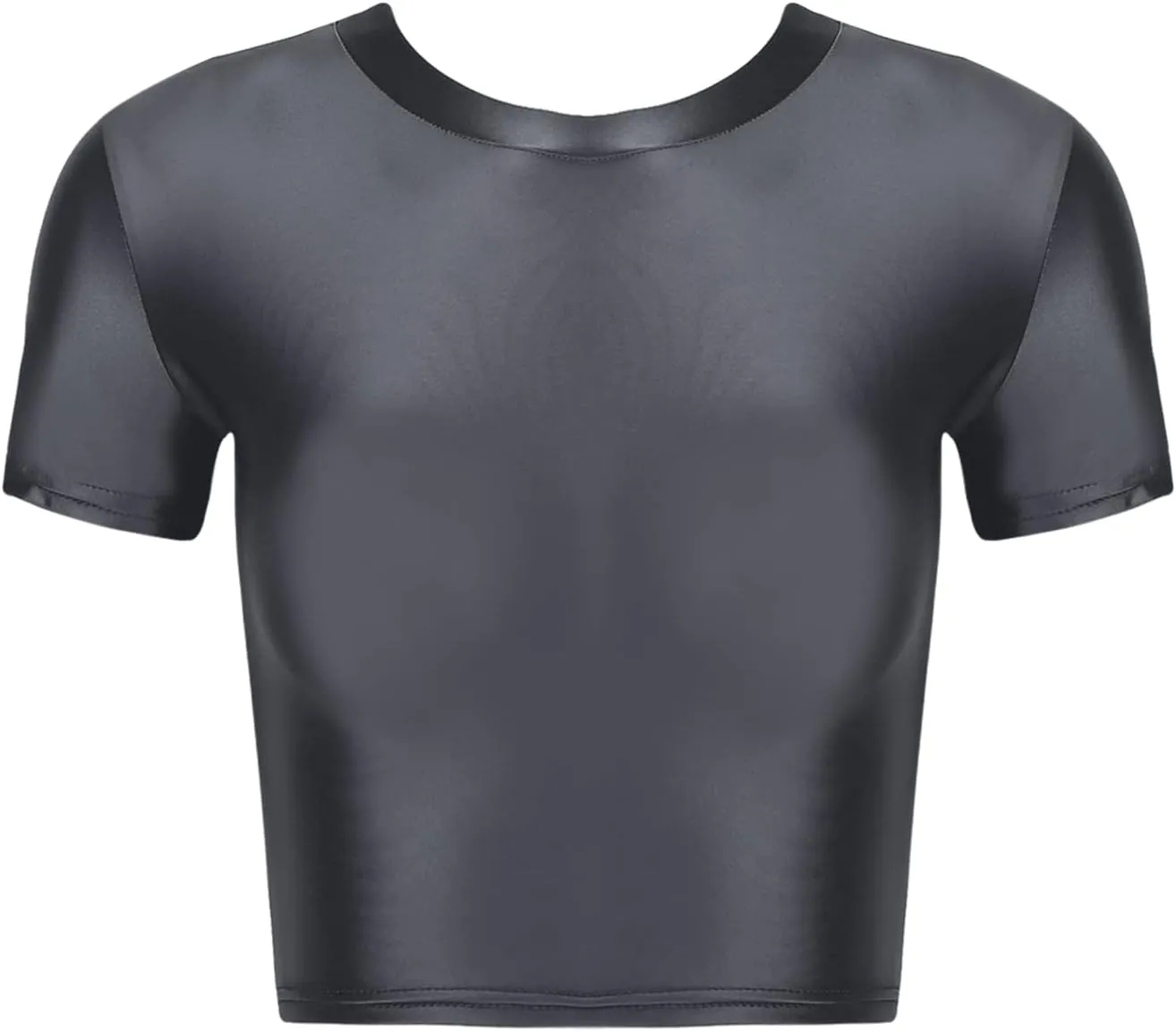 Linjinx Women's Oil Glossy Short Sleeve Crew Neck Workout Crop Tops T-Shirts Yoga Nylon Tight Vest