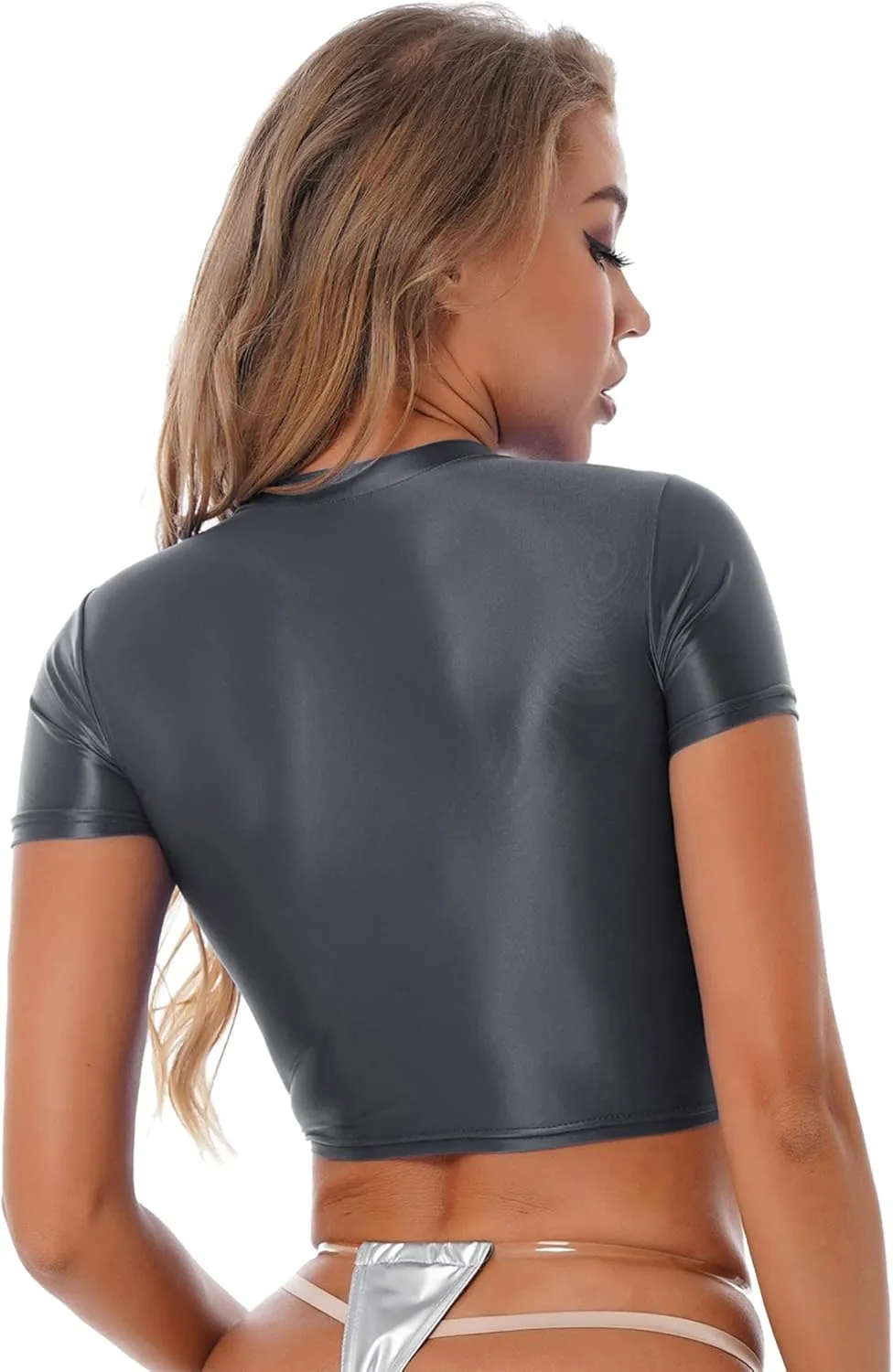 Linjinx Women's Oil Glossy Short Sleeve Crew Neck Workout Crop Tops T-Shirts Yoga Nylon Tight Vest