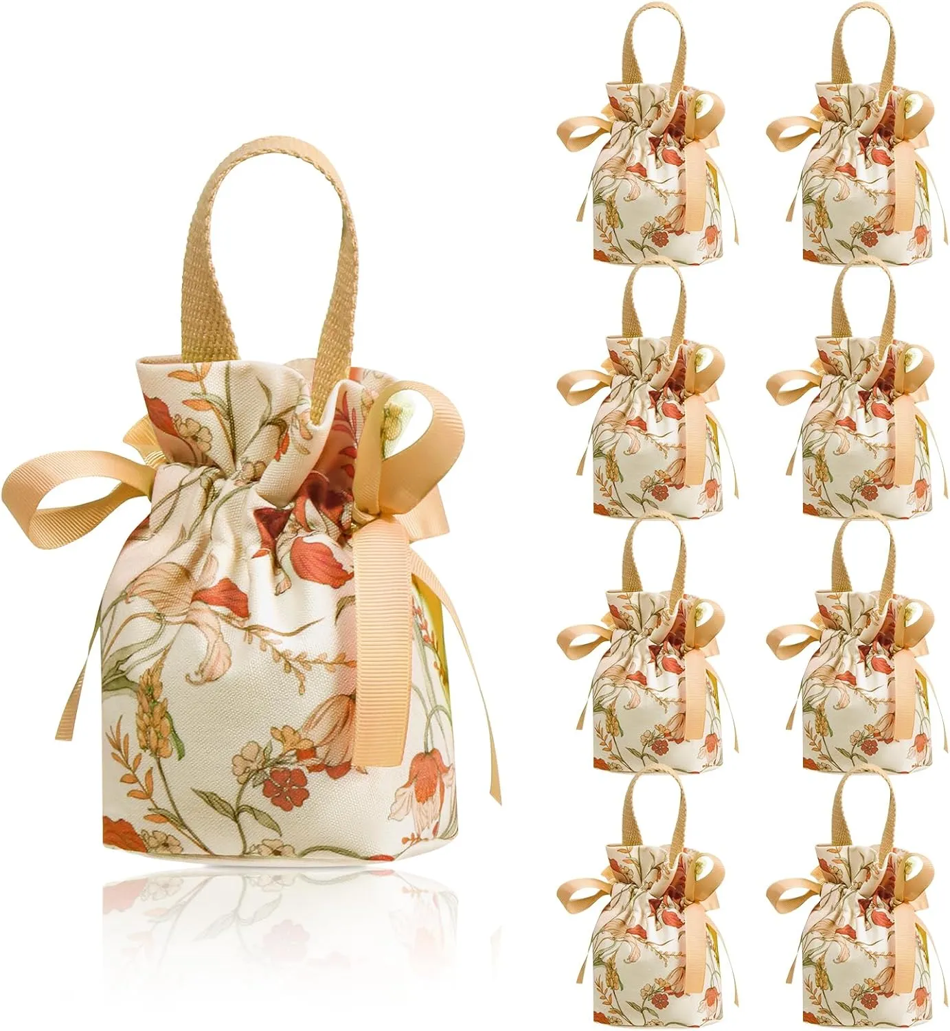 Liobelon 8 Pieces Floral Mini Gift Bags with Handles 14x9.5x6cm/5.5x3.7x2.3inch Canvas Small Candy Bag Tea Party Favor Bags Wedding Favors Boxes for Party, Baby Shower,Bridal Shower (champagne)