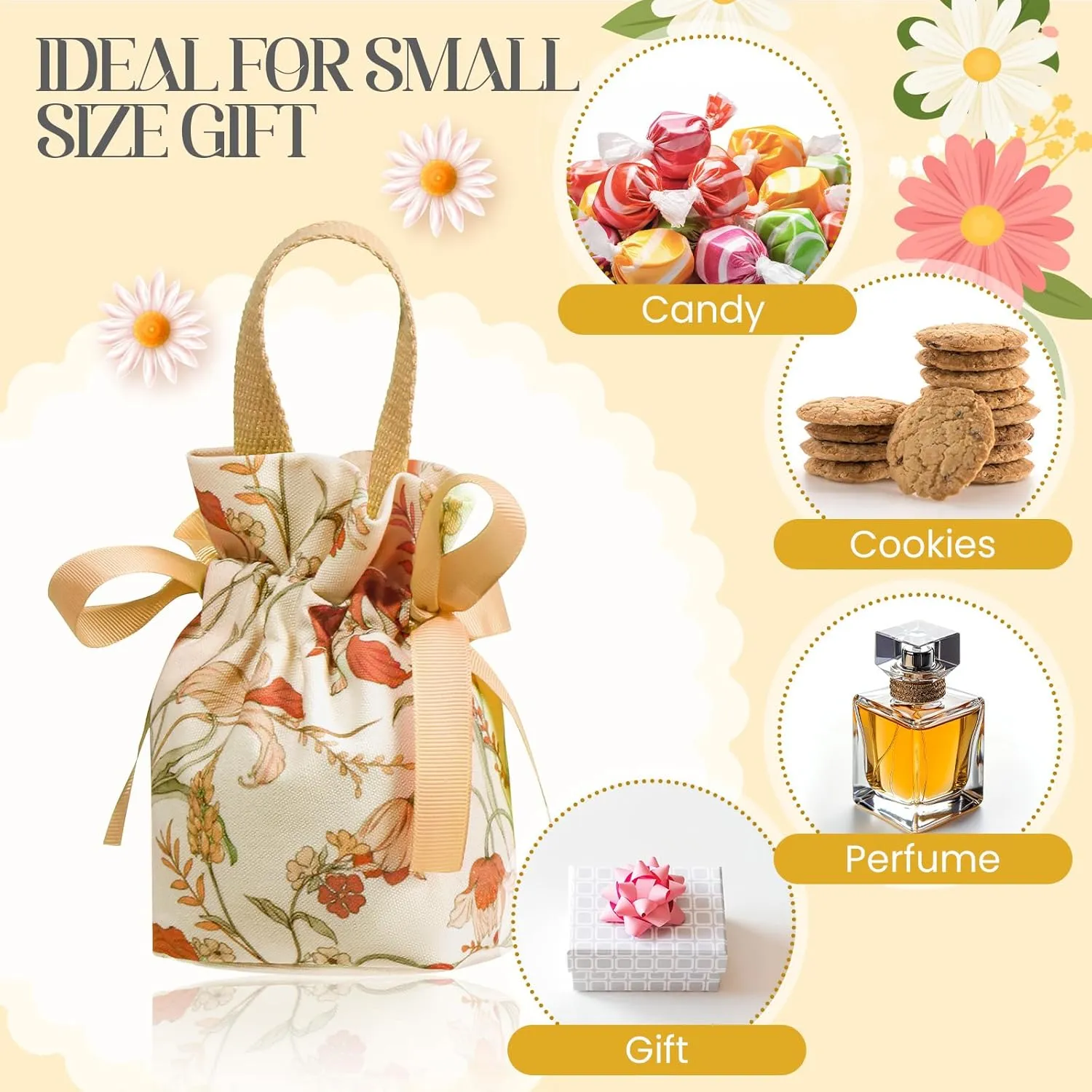 Liobelon 8 Pieces Floral Mini Gift Bags with Handles 14x9.5x6cm/5.5x3.7x2.3inch Canvas Small Candy Bag Tea Party Favor Bags Wedding Favors Boxes for Party, Baby Shower,Bridal Shower (champagne)