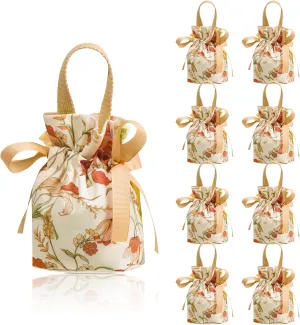 Liobelon 8 Pieces Floral Mini Gift Bags with Handles 14x9.5x6cm/5.5x3.7x2.3inch Canvas Small Candy Bag Tea Party Favor Bags Wedding Favors Boxes for Party, Baby Shower,Bridal Shower (champagne)