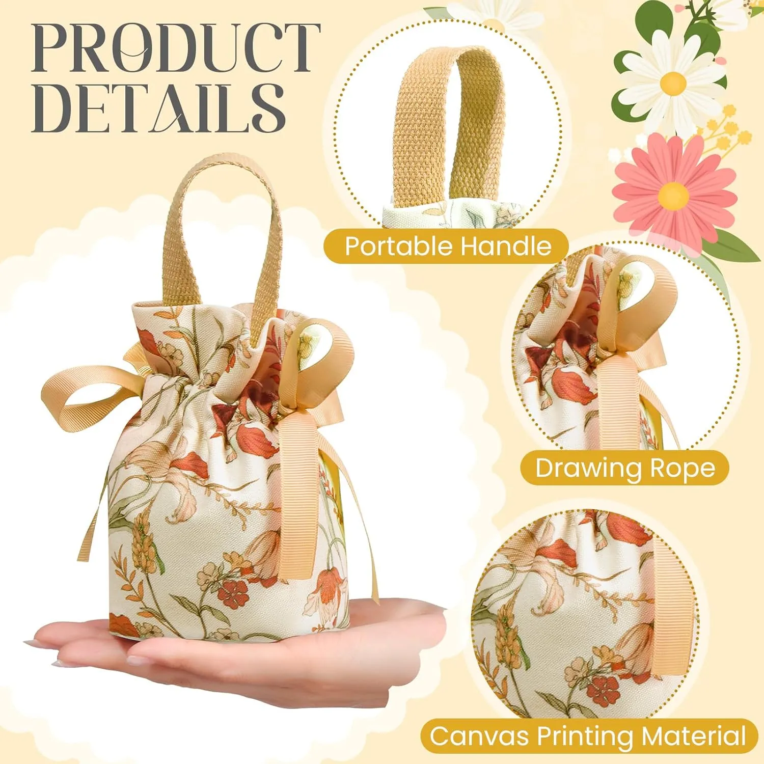 Liobelon 8 Pieces Floral Mini Gift Bags with Handles 14x9.5x6cm/5.5x3.7x2.3inch Canvas Small Candy Bag Tea Party Favor Bags Wedding Favors Boxes for Party, Baby Shower,Bridal Shower (champagne)