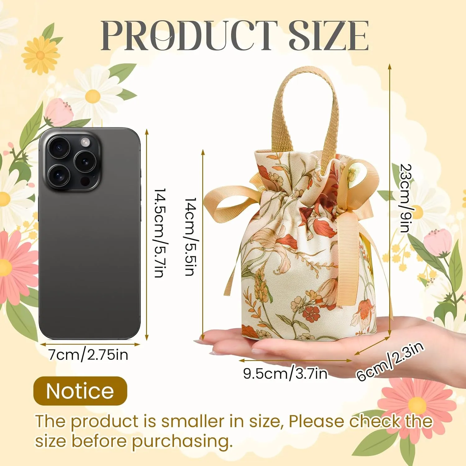 Liobelon 8 Pieces Floral Mini Gift Bags with Handles 14x9.5x6cm/5.5x3.7x2.3inch Canvas Small Candy Bag Tea Party Favor Bags Wedding Favors Boxes for Party, Baby Shower,Bridal Shower (champagne)