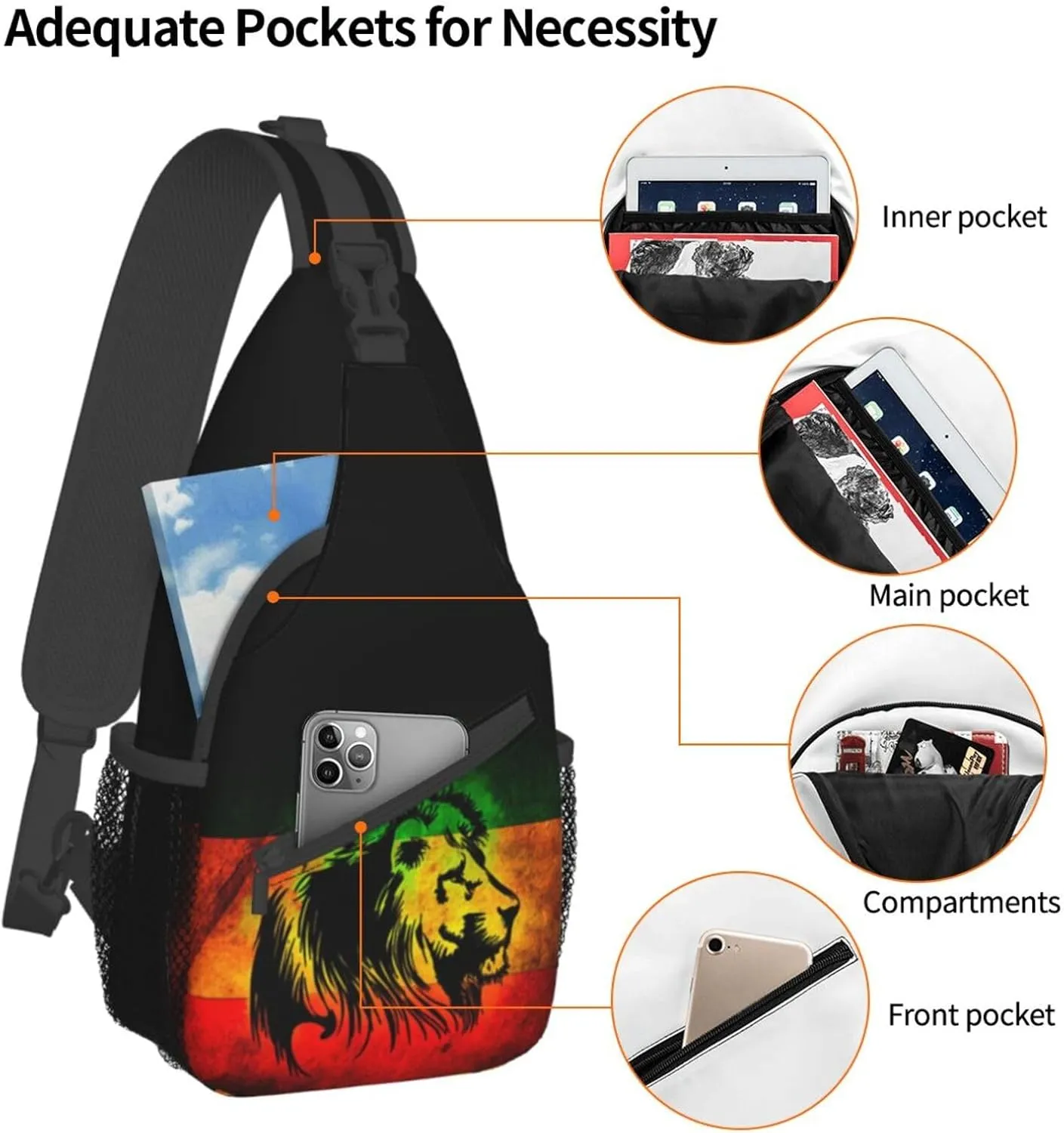 Lion Of Judah Rastafara Mens Crossbody Chest Bag Shoulder Bag Adjustable Strap Daypack