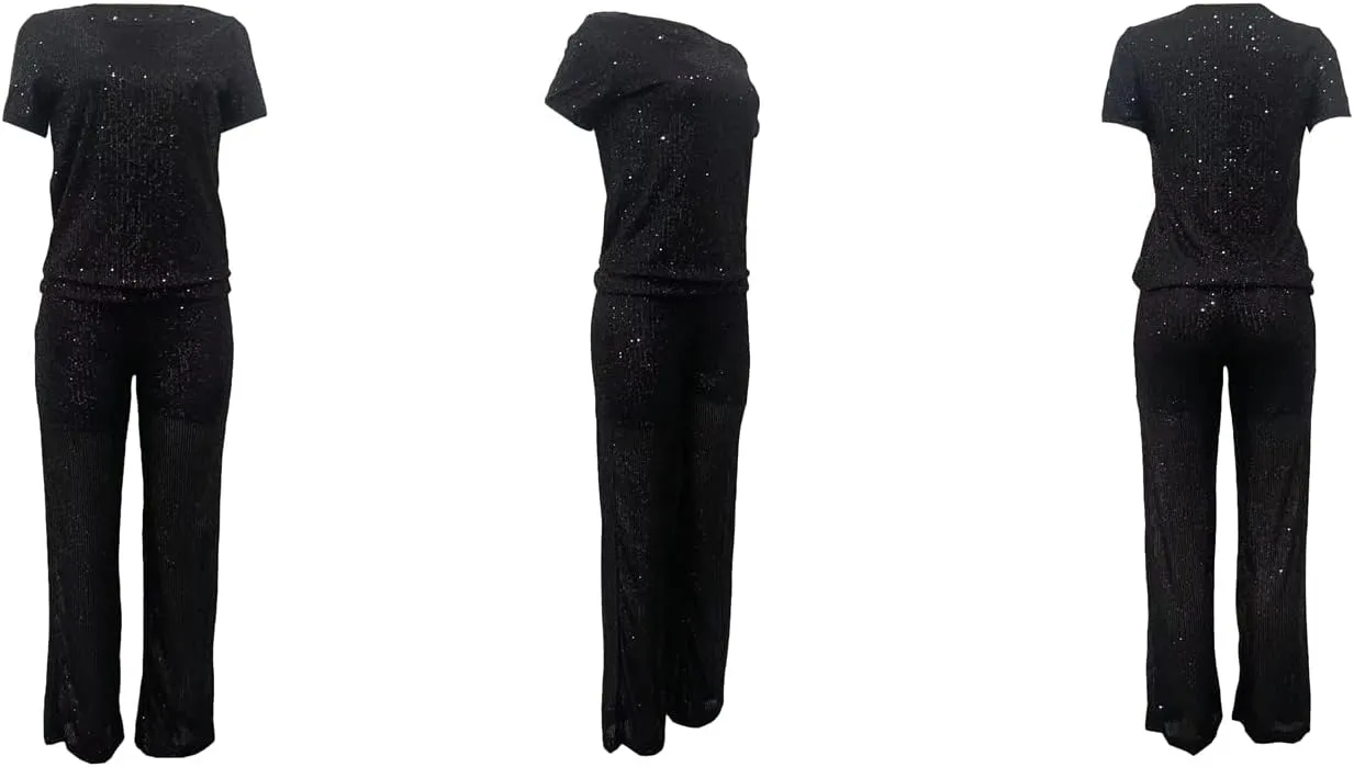 LKOUS Women's Evening Sparkly Jumpsuits Off Shoulder Short Sleeve Party Sequins Rompers High Waisted Wide Leg Pants Suit