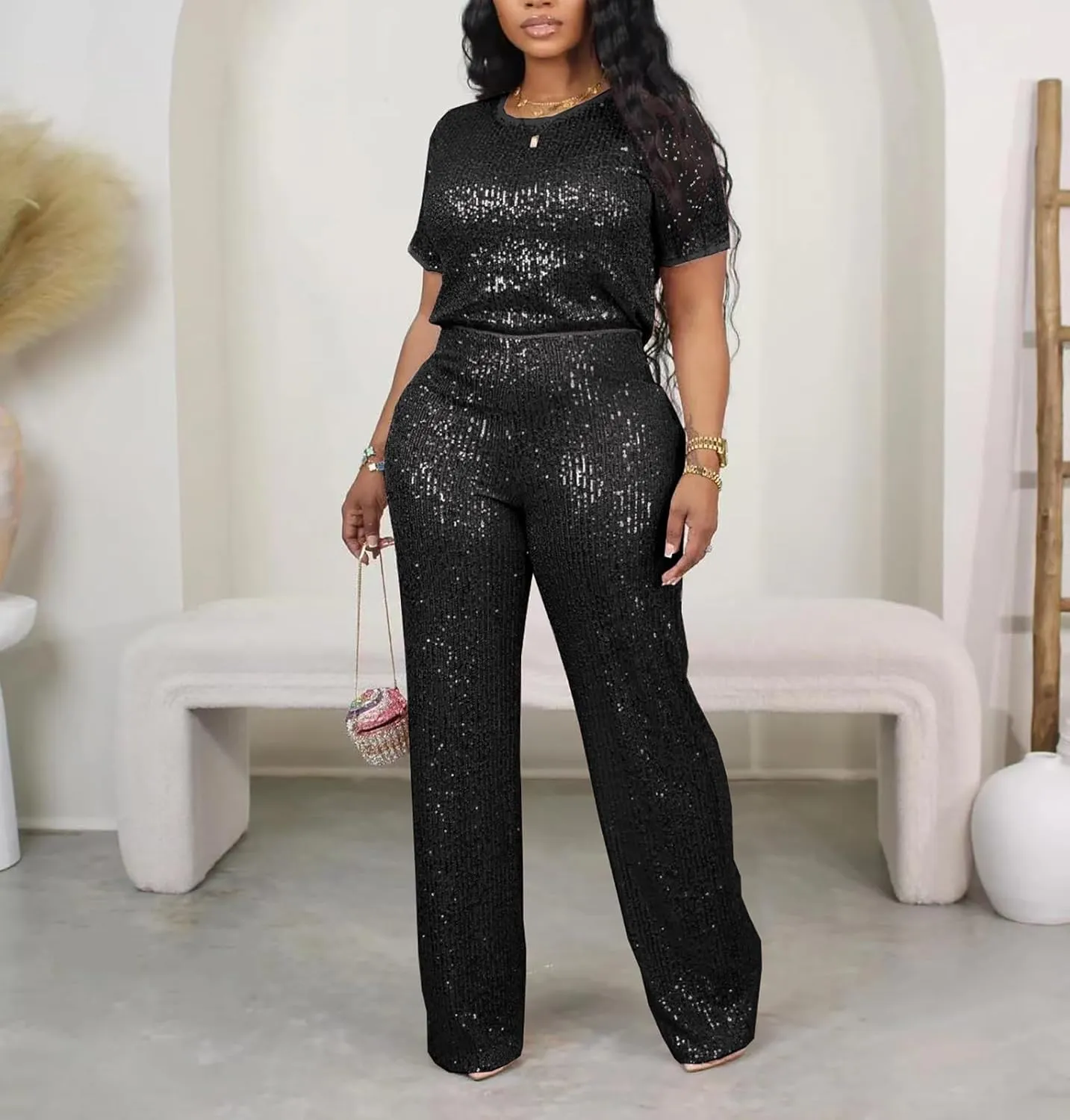 LKOUS Women's Evening Sparkly Jumpsuits Off Shoulder Short Sleeve Party Sequins Rompers High Waisted Wide Leg Pants Suit