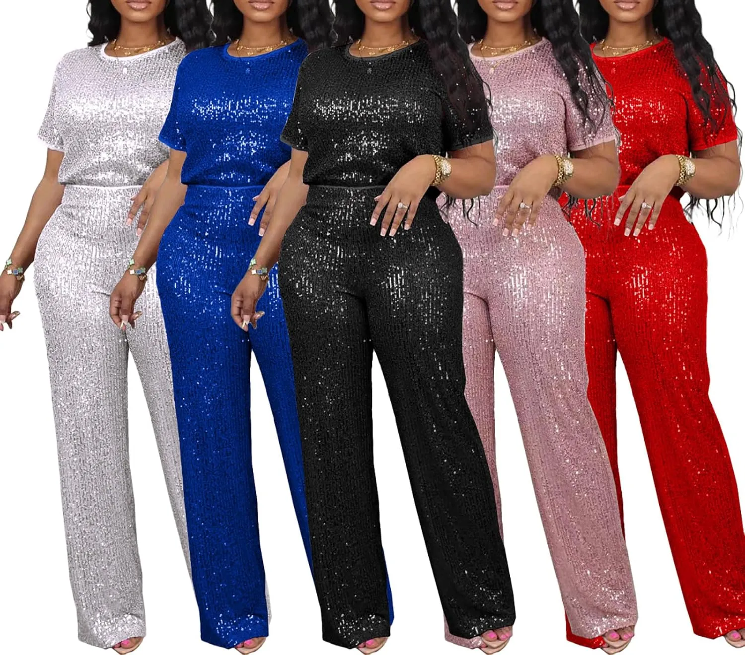 LKOUS Women's Evening Sparkly Jumpsuits Off Shoulder Short Sleeve Party Sequins Rompers High Waisted Wide Leg Pants Suit