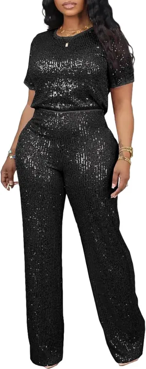 LKOUS Women's Evening Sparkly Jumpsuits Off Shoulder Short Sleeve Party Sequins Rompers High Waisted Wide Leg Pants Suit