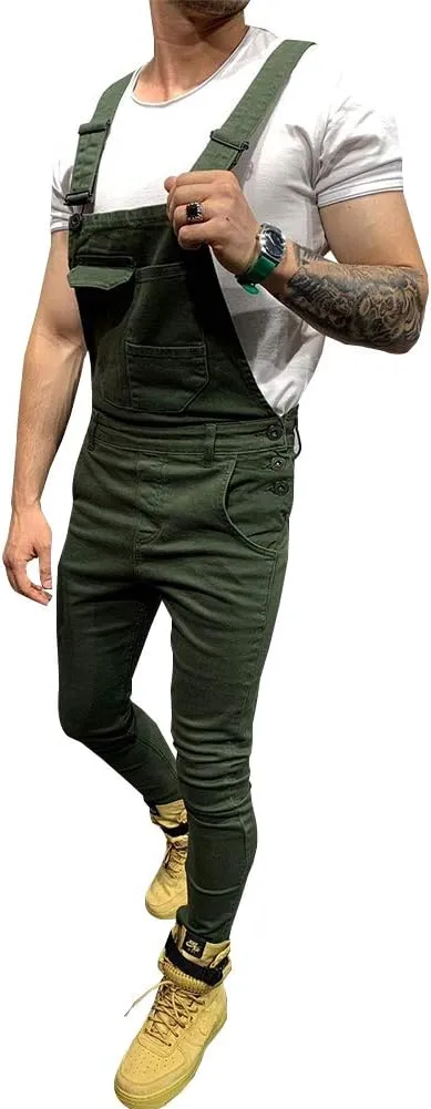 LONGBIDA Men's Denim Bib Overalls Fashion Slim Fit Jumpsuit with Pockets