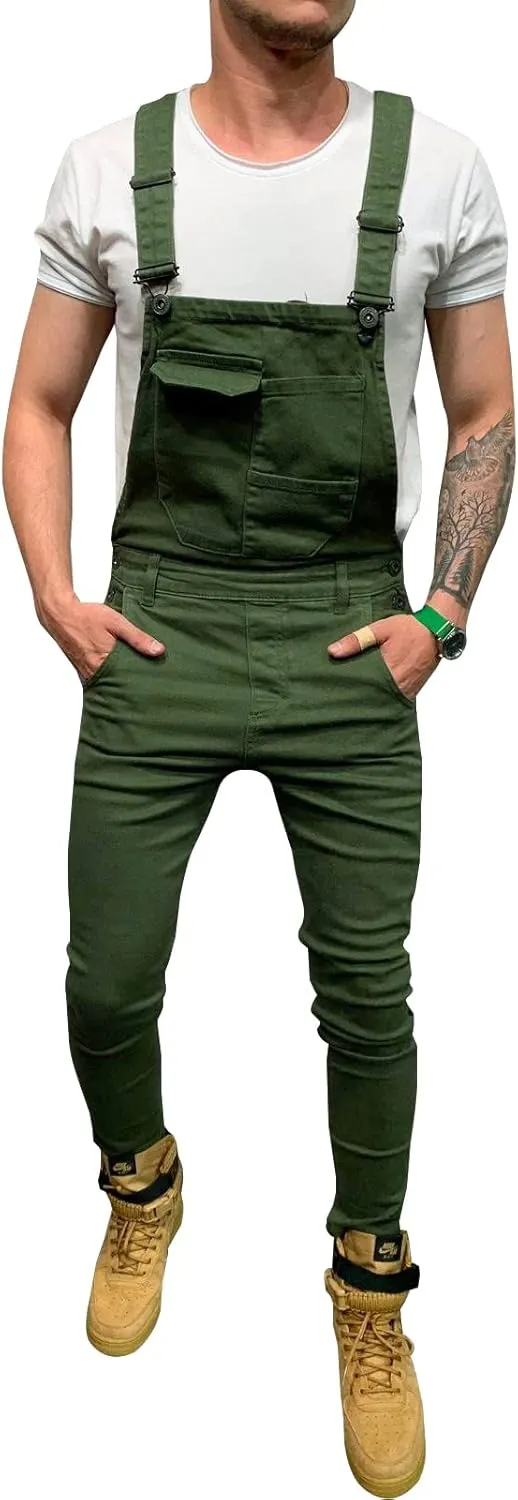 LONGBIDA Men's Denim Bib Overalls Fashion Slim Fit Jumpsuit with Pockets
