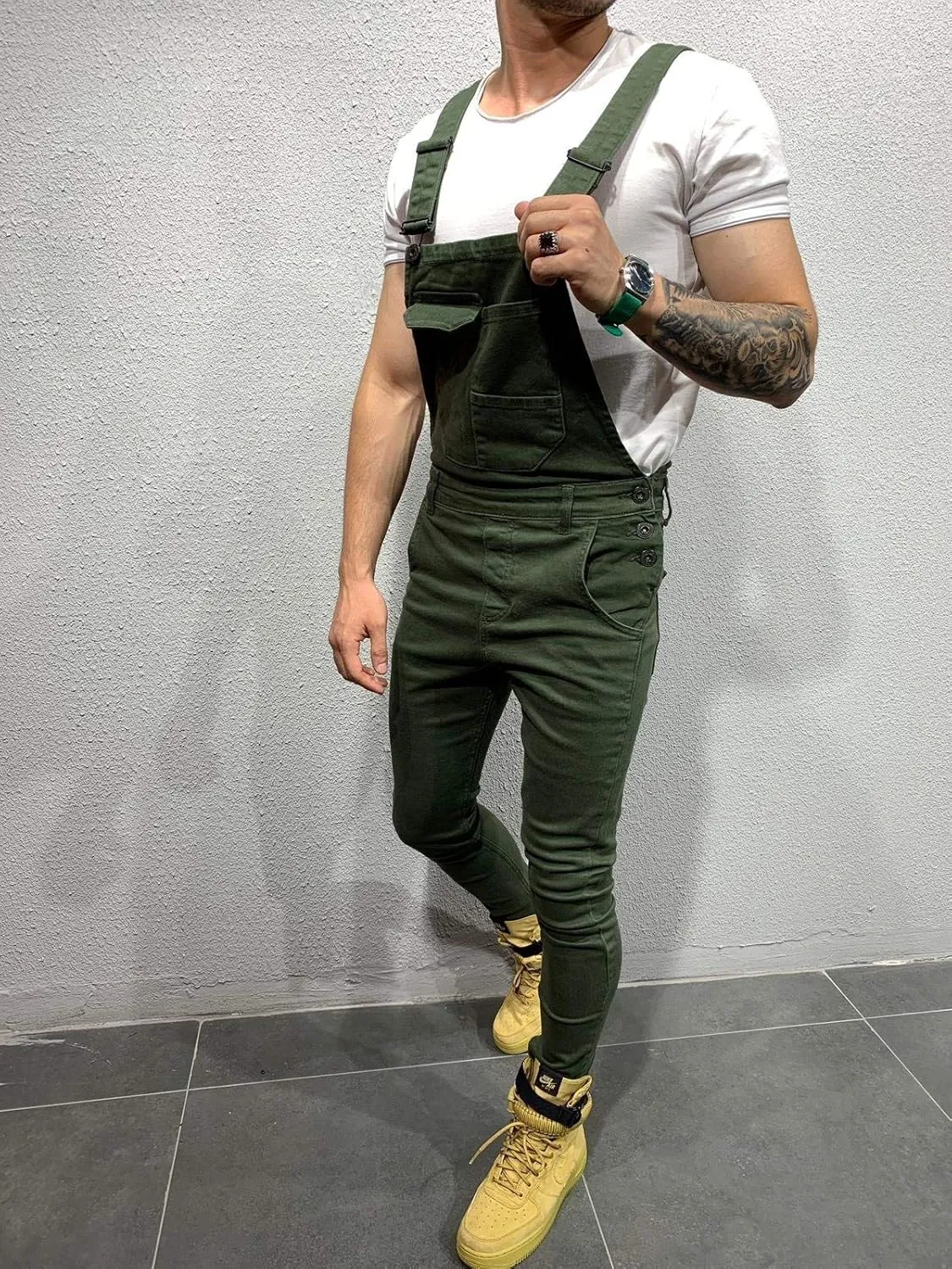 LONGBIDA Men's Denim Bib Overalls Fashion Slim Fit Jumpsuit with Pockets