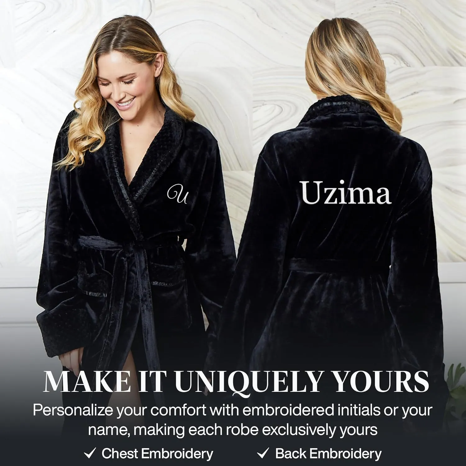 Lotus Linen Plush Hooded Bathrobe for Women, Customized Monogram Robe, Cozy and Luxurious