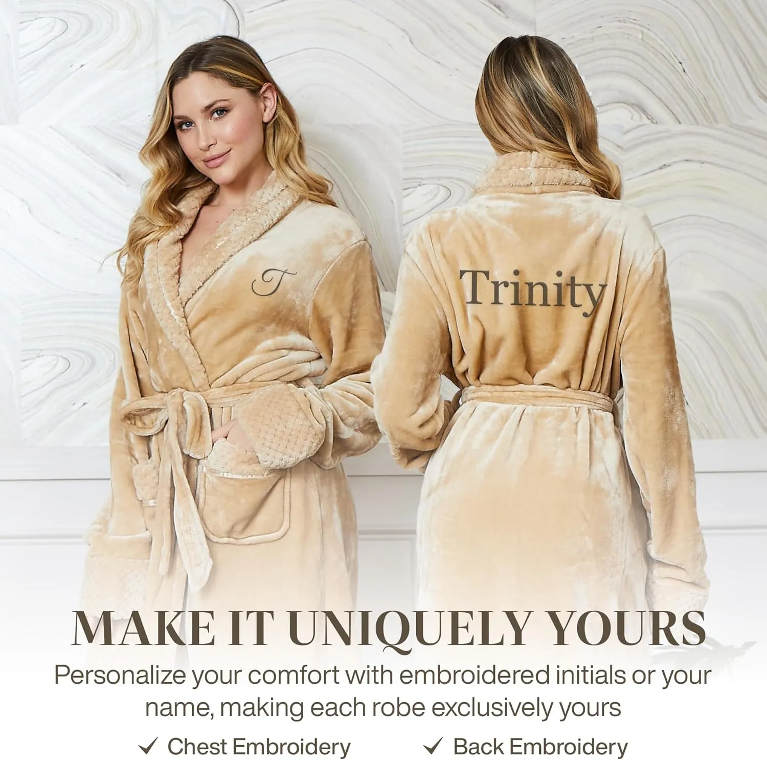 Lotus Linen Plush Hooded Bathrobe for Women, Customized Monogram Robe, Cozy and Luxurious