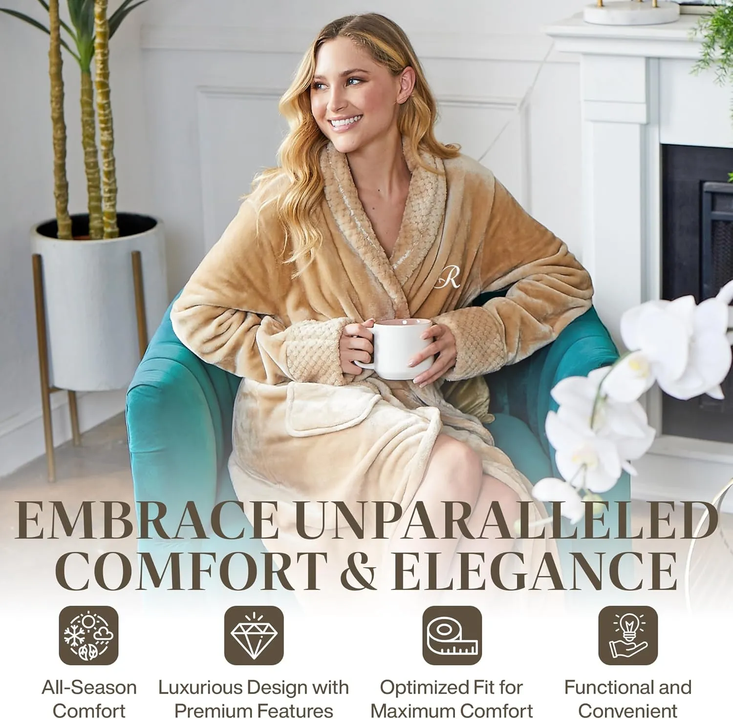 Lotus Linen Plush Hooded Bathrobe for Women, Customized Monogram Robe, Cozy and Luxurious