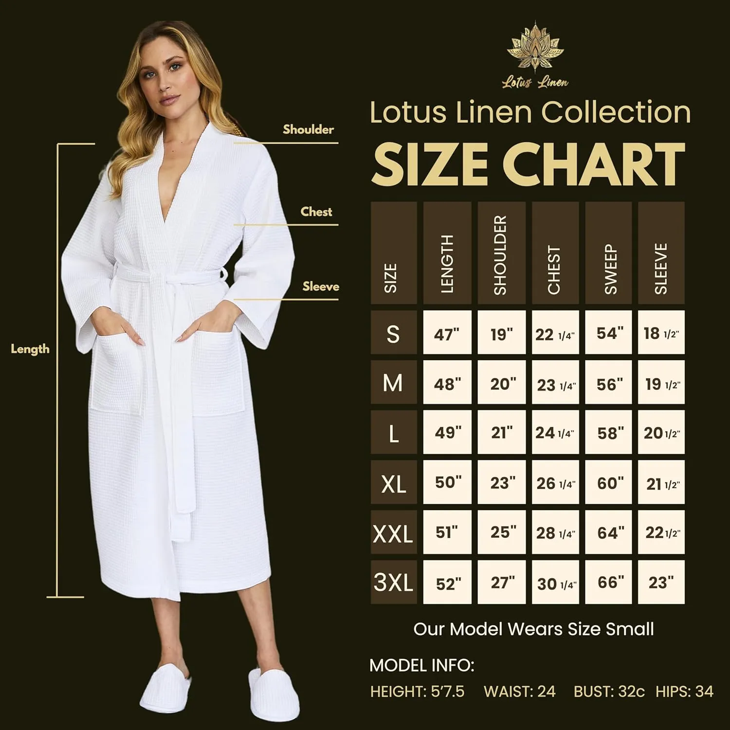 Lotus Linen Women's Lightweight Waffle Weave Robes- Long Soft Cotton Bathrobe - Kimono Spa Bath Robe