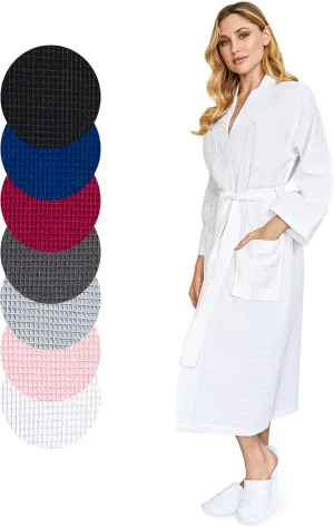 Lotus Linen Women's Lightweight Waffle Weave Robes- Long Soft Cotton Bathrobe - Kimono Spa Bath Robe