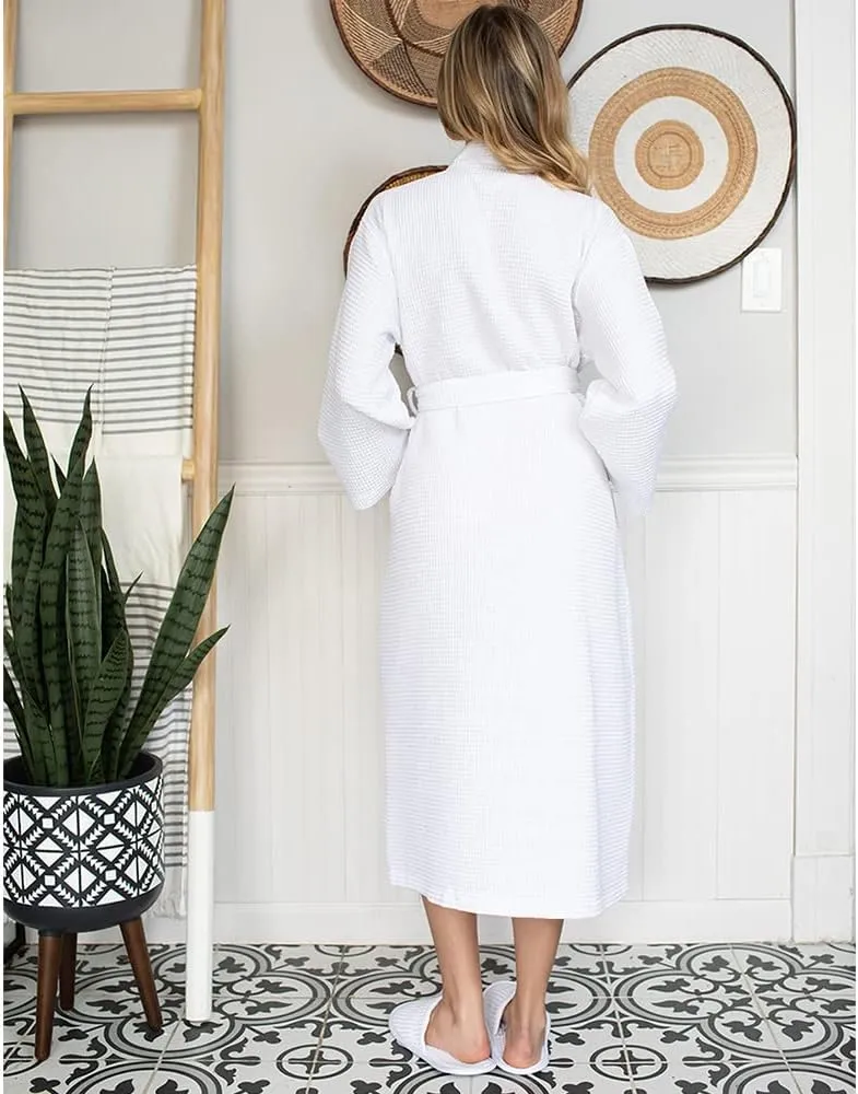 Lotus Linen Women's Lightweight Waffle Weave Robes- Long Soft Cotton Bathrobe - Kimono Spa Bath Robe