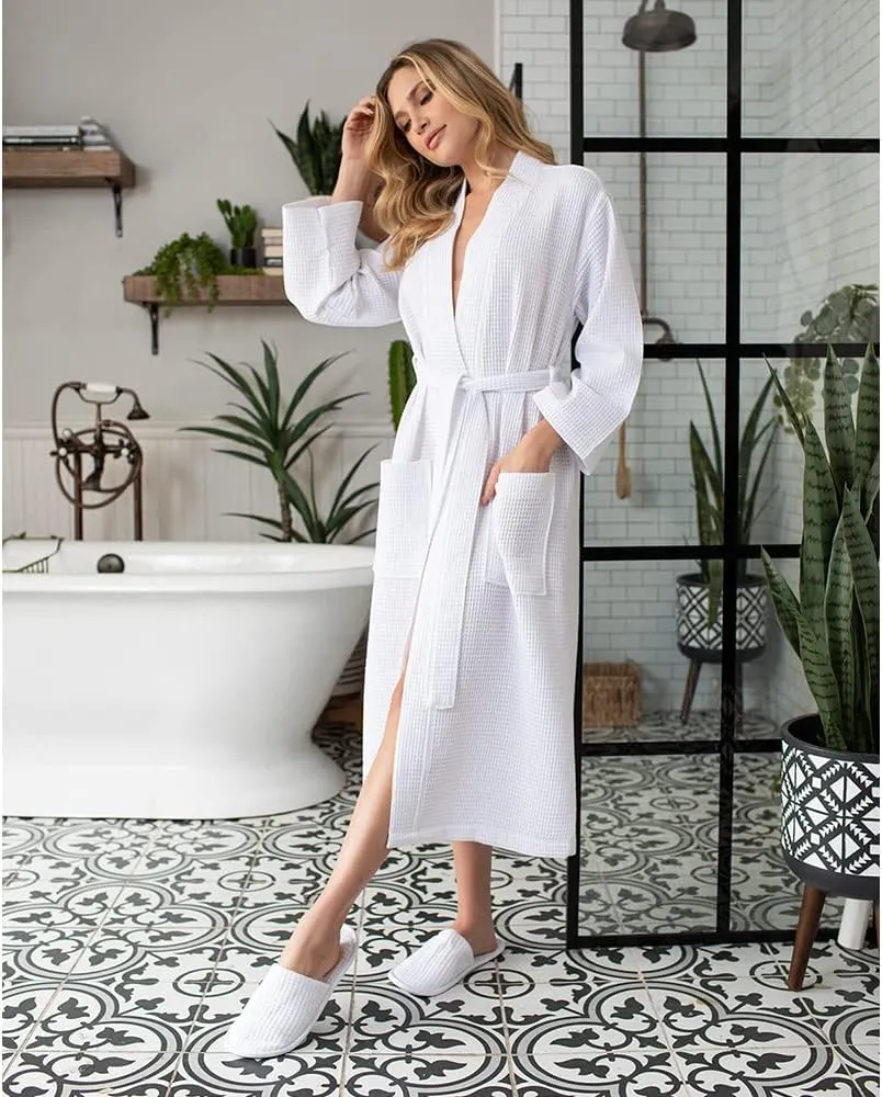 Lotus Linen Women's Lightweight Waffle Weave Robes- Long Soft Cotton Bathrobe - Kimono Spa Bath Robe
