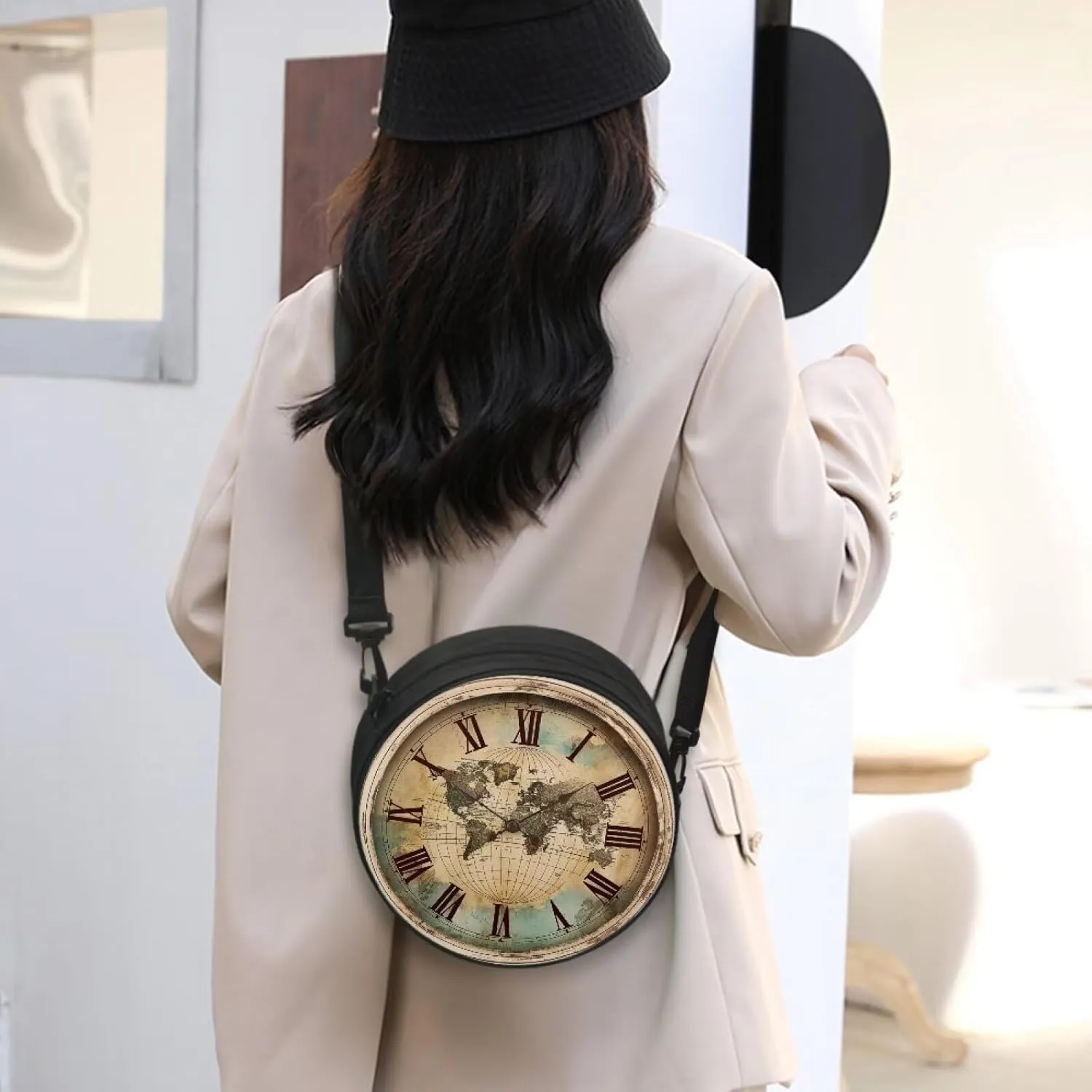 Lotusorchid Clock Print Small Crossbody Bag Round Purse Circle Shoulder Purse for Party Work (Not Real Clock)