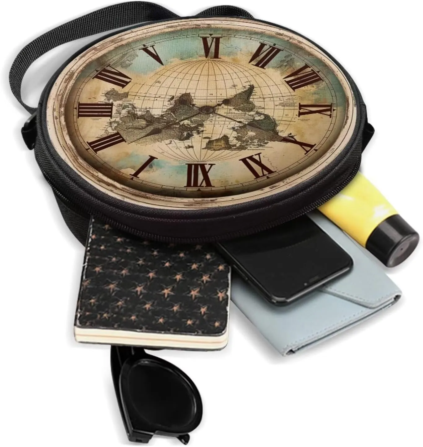 Lotusorchid Clock Print Small Crossbody Bag Round Purse Circle Shoulder Purse for Party Work (Not Real Clock)