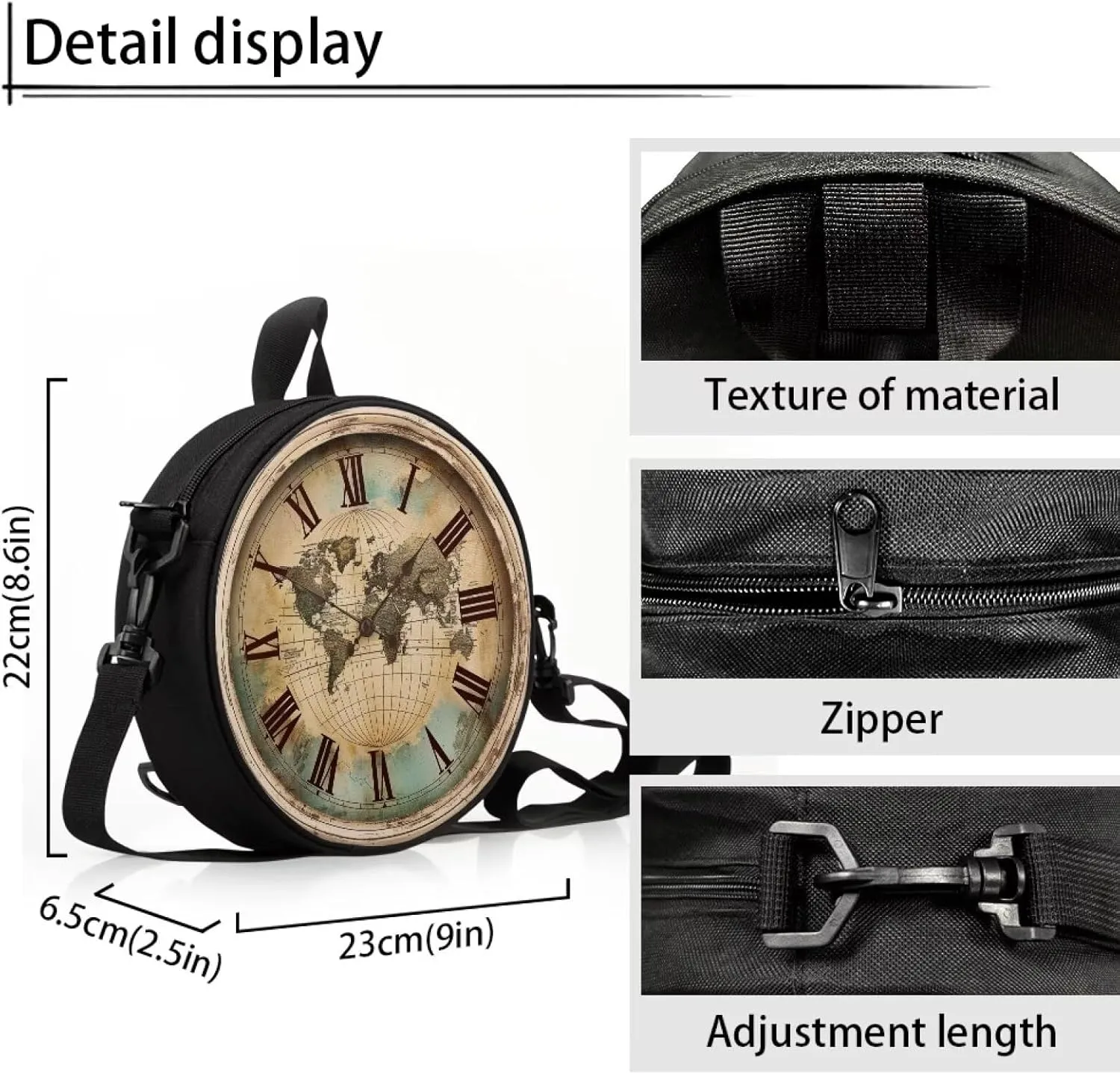 Lotusorchid Clock Print Small Crossbody Bag Round Purse Circle Shoulder Purse for Party Work (Not Real Clock)