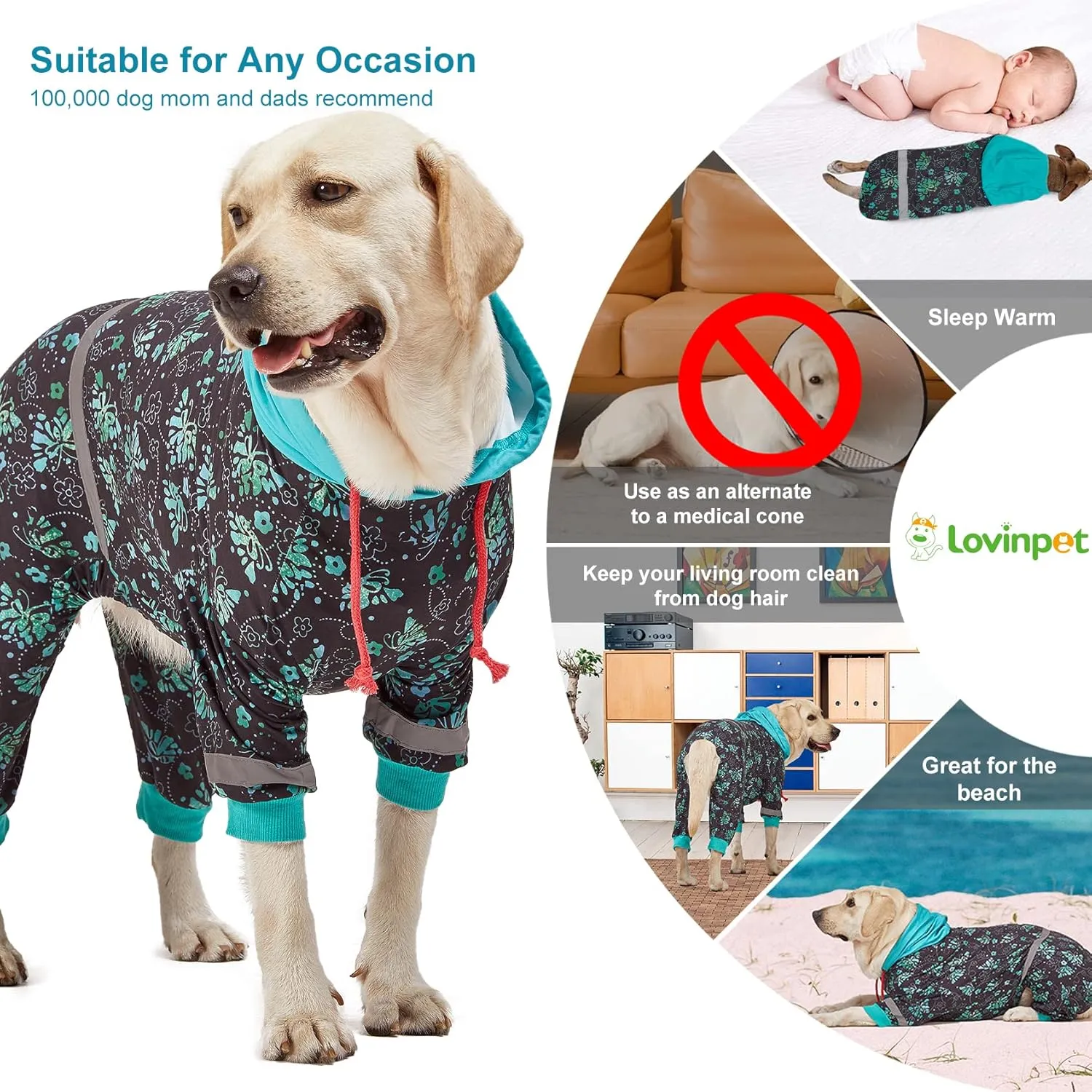 LovinPet Large Breed Dog Onesie Pajamas - UV & Wound Care, Dog Anxiety Relief, Dog Jammies, Reflective Stripe, Butterflies and Rings Black/Green Print, Post Surgery Pet PJ's/XL