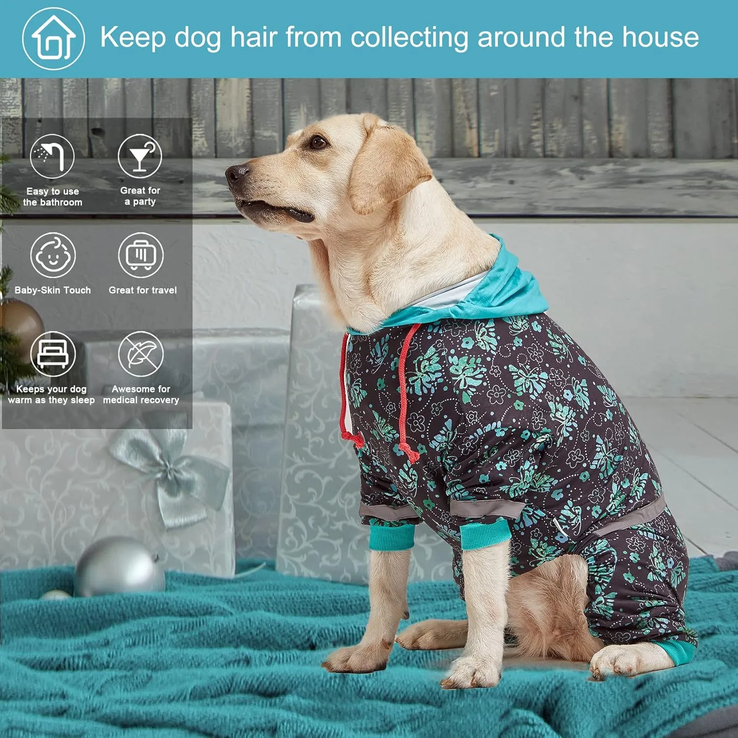 LovinPet Large Breed Dog Onesie Pajamas - UV & Wound Care, Dog Anxiety Relief, Dog Jammies, Reflective Stripe, Butterflies and Rings Black/Green Print, Post Surgery Pet PJ's/XL