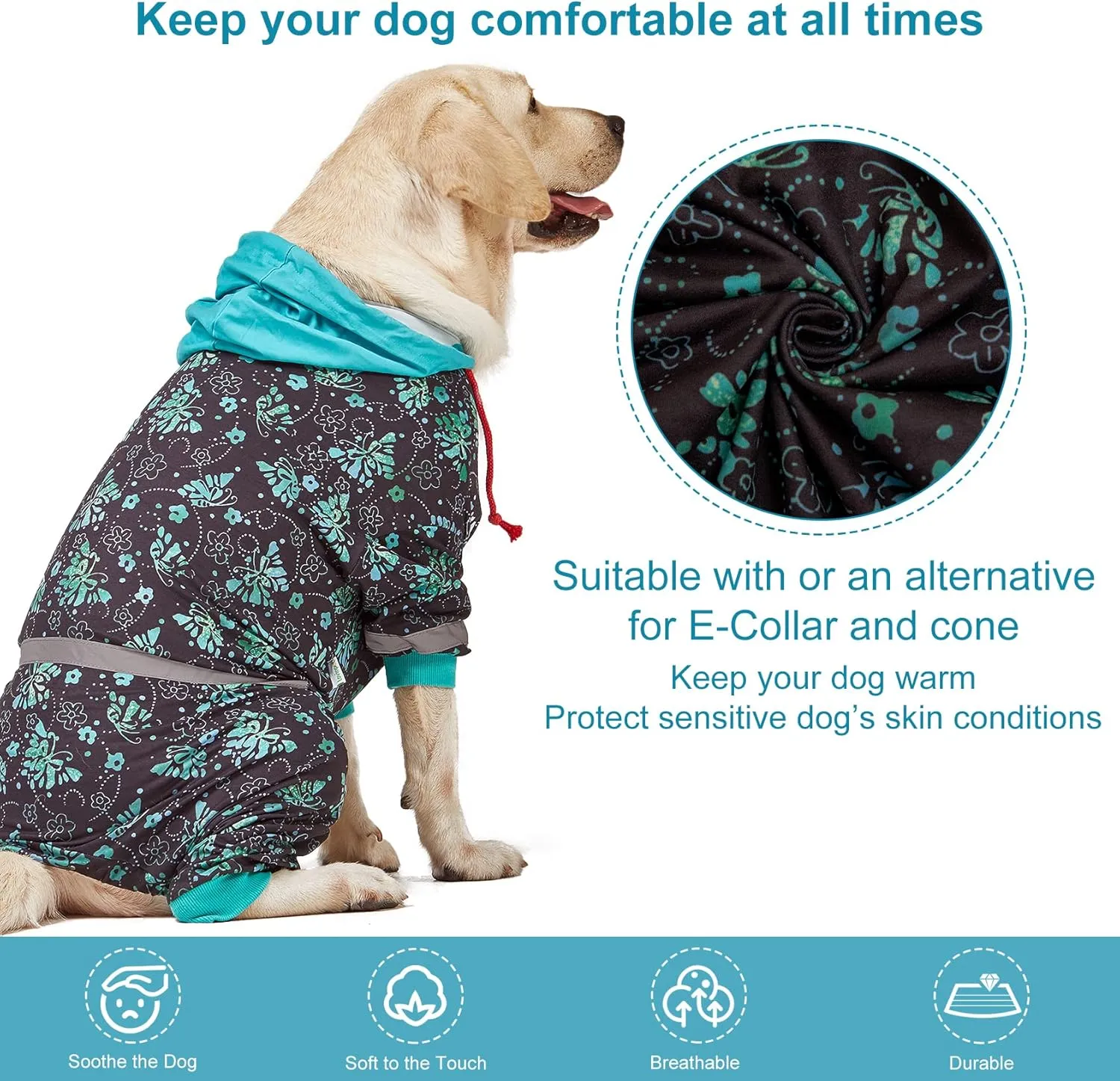 LovinPet Large Breed Dog Onesie Pajamas - UV & Wound Care, Dog Anxiety Relief, Dog Jammies, Reflective Stripe, Butterflies and Rings Black/Green Print, Post Surgery Pet PJ's/XL