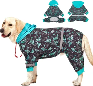 LovinPet Large Breed Dog Onesie Pajamas - UV & Wound Care, Dog Anxiety Relief, Dog Jammies, Reflective Stripe, Butterflies and Rings Black/Green Print, Post Surgery Pet PJ's/XL