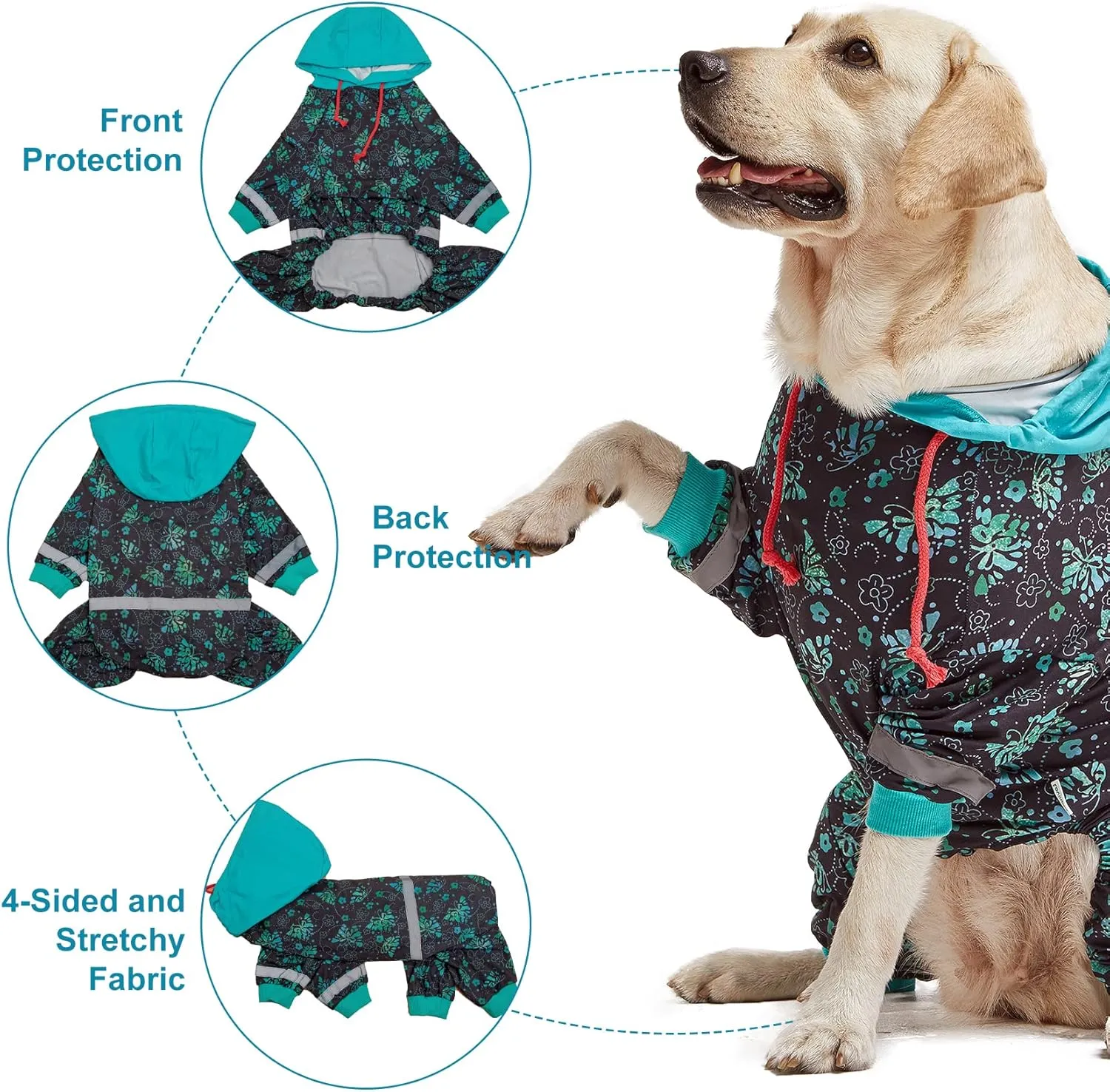 LovinPet Large Breed Dog Onesie Pajamas - UV & Wound Care, Dog Anxiety Relief, Dog Jammies, Reflective Stripe, Butterflies and Rings Black/Green Print, Post Surgery Pet PJ's/XL