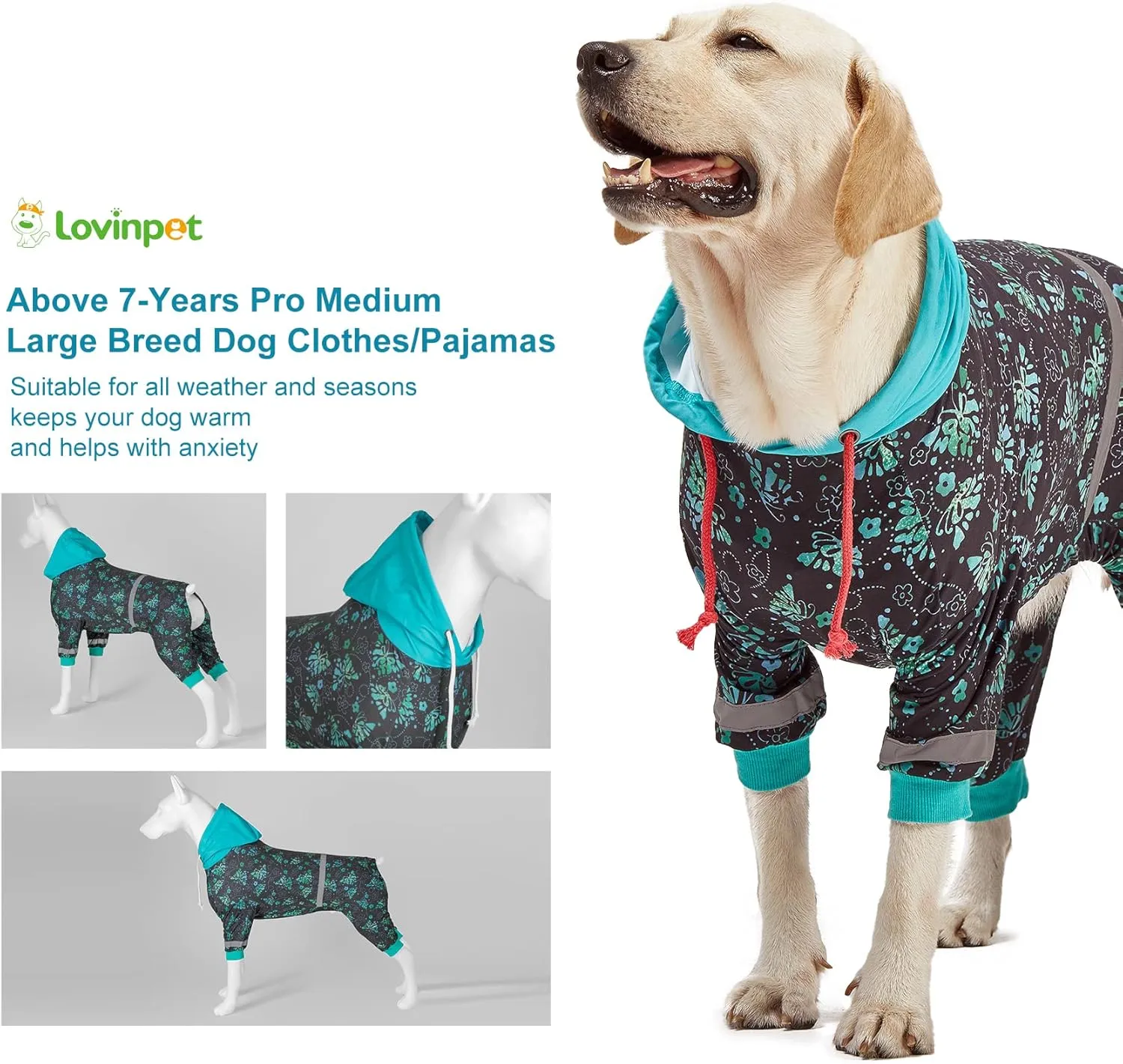 LovinPet Large Breed Dog Onesie Pajamas - UV & Wound Care, Dog Anxiety Relief, Dog Jammies, Reflective Stripe, Butterflies and Rings Black/Green Print, Post Surgery Pet PJ's/XL