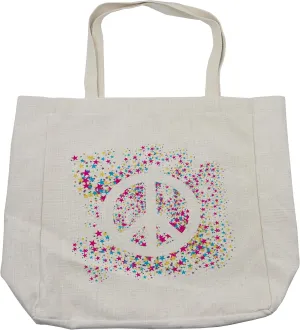 Lunarable 1960s Shopping Bag, Peace Idealism Politics Sixties Tiny Stars Happy Spray Art, Eco-Friendly Reusable Bag for Groceries Beach and More, 15.5" X 14.5", Cream