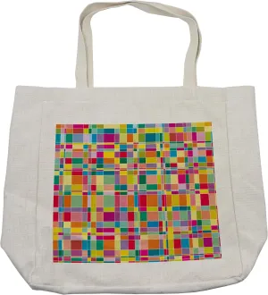 Lunarable Abstract Shopping Bag, Mosaic Style Color Matrix Squares Vibrant Geometric Shapes Modern Design, Eco-Friendly Reusable Bag for Groceries Beach and More, 15.5" X 14.5", Cream