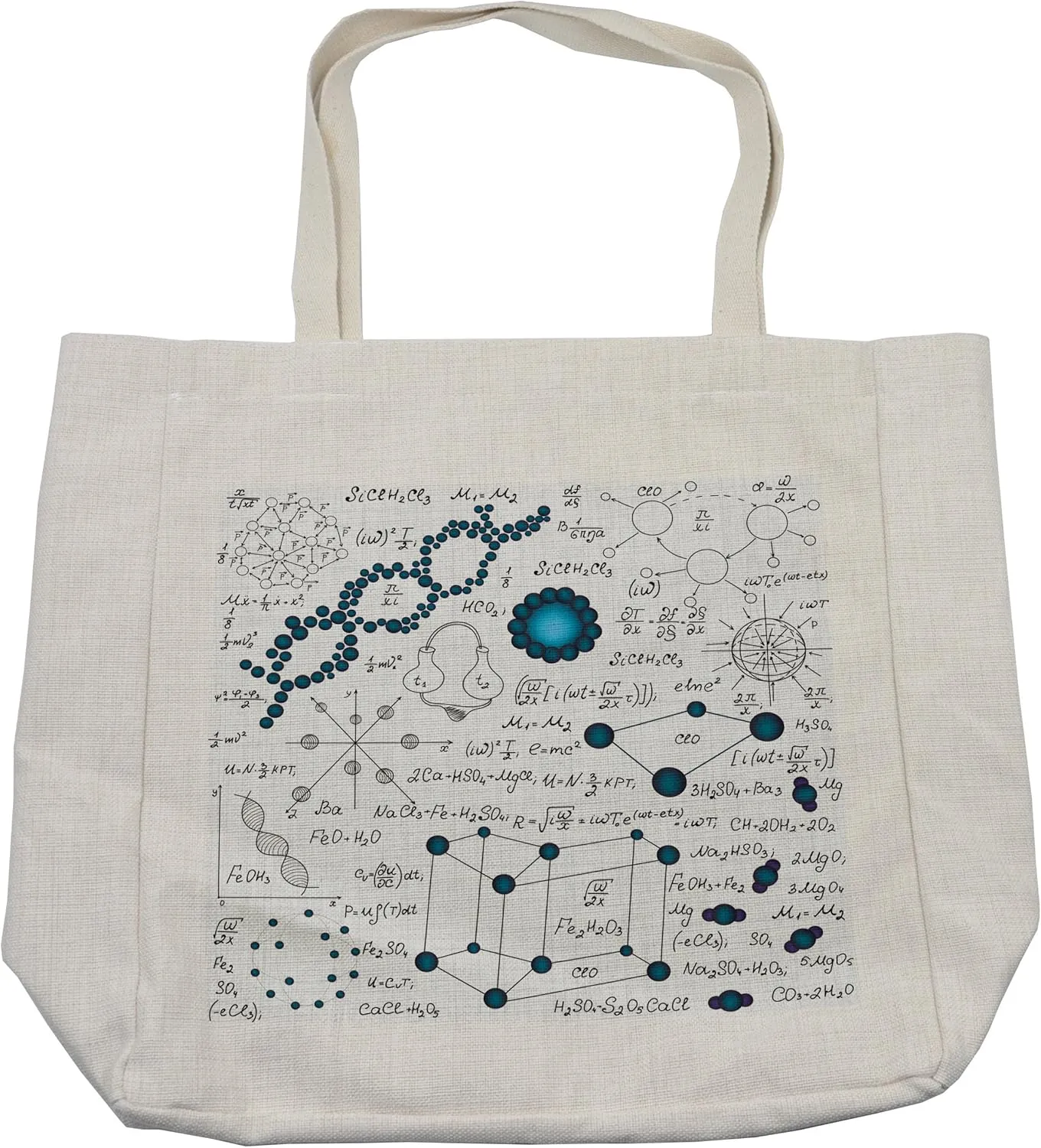 Lunarable Abstract Shopping Bag, Science Physics DNA Molecule Formulas Atomic Chemical Analyses Display, Eco-Friendly Reusable Bag for Groceries Beach and More, 15.5" X 14.5", Cream
