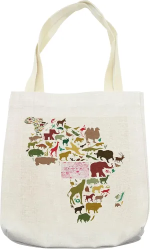 Lunarable Africa Tote Bag, Continent Map with Local Animals Diversity Lion Camel in Equator Design, Cloth Linen Reusable Bag for Shopping Books Beach and More, 16.5" X 14", Cream