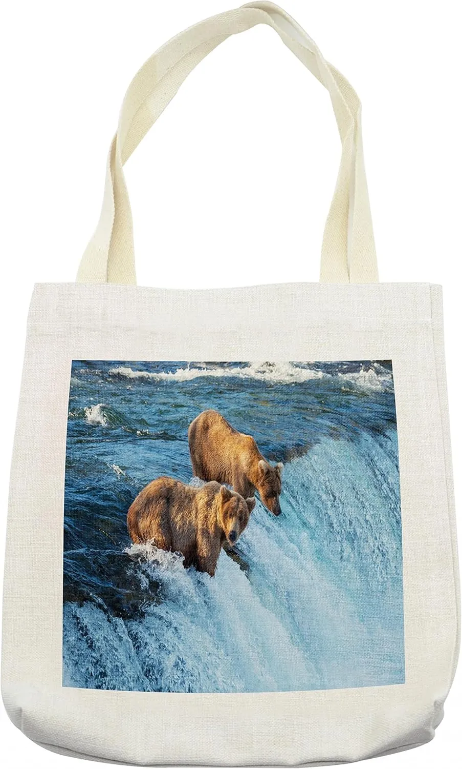 Lunarable Africa Tote Bag, Grizzly Bear in the Stream River Fishing Alaskan Salmon Savage Carnivore Animal, Cloth Linen Reusable Bag for Shopping Books Beach and More, 16.5" X 14", Cream