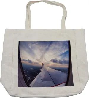 Lunarable Airplane Shopping Bag, Airplane Travel Time is Sunset Business Distant Evening Float Holiday Journey, Eco-Friendly Reusable Bag for Groceries Beach and More, 15.5" X 14.5", Cream