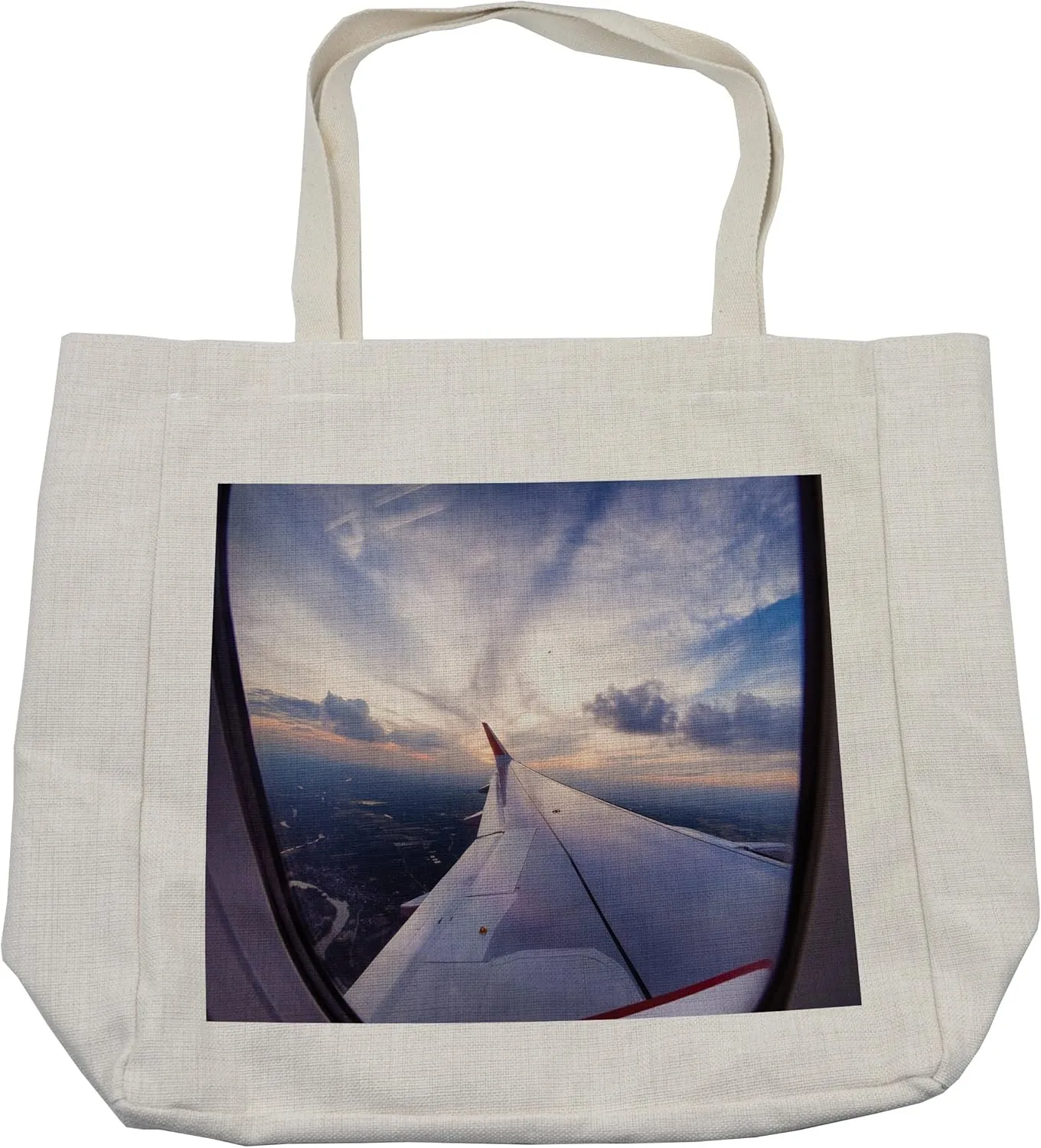 Lunarable Airplane Shopping Bag, Airplane Travel Time is Sunset Business Distant Evening Float Holiday Journey, Eco-Friendly Reusable Bag for Groceries Beach and More, 15.5" X 14.5", Cream